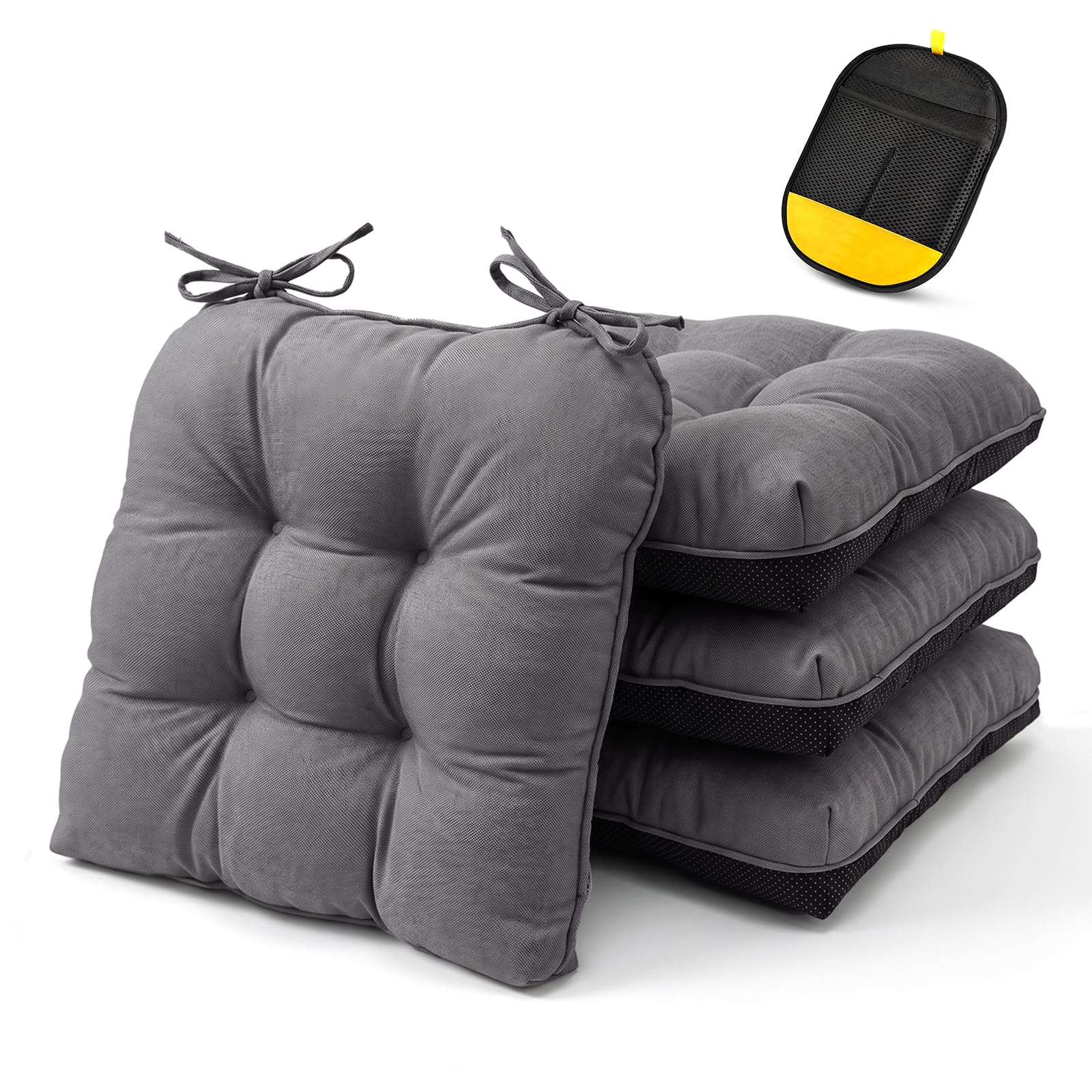 LiveGo Chair Cushions for Dining Chairs Set of 4, 6cm Thick Memory Foam Seat Pads with Ties, Non-Slip Bottom, Kitchen Table Cushions for Indoor Outdoor Use, 45x45x6cm (Light Gray A)