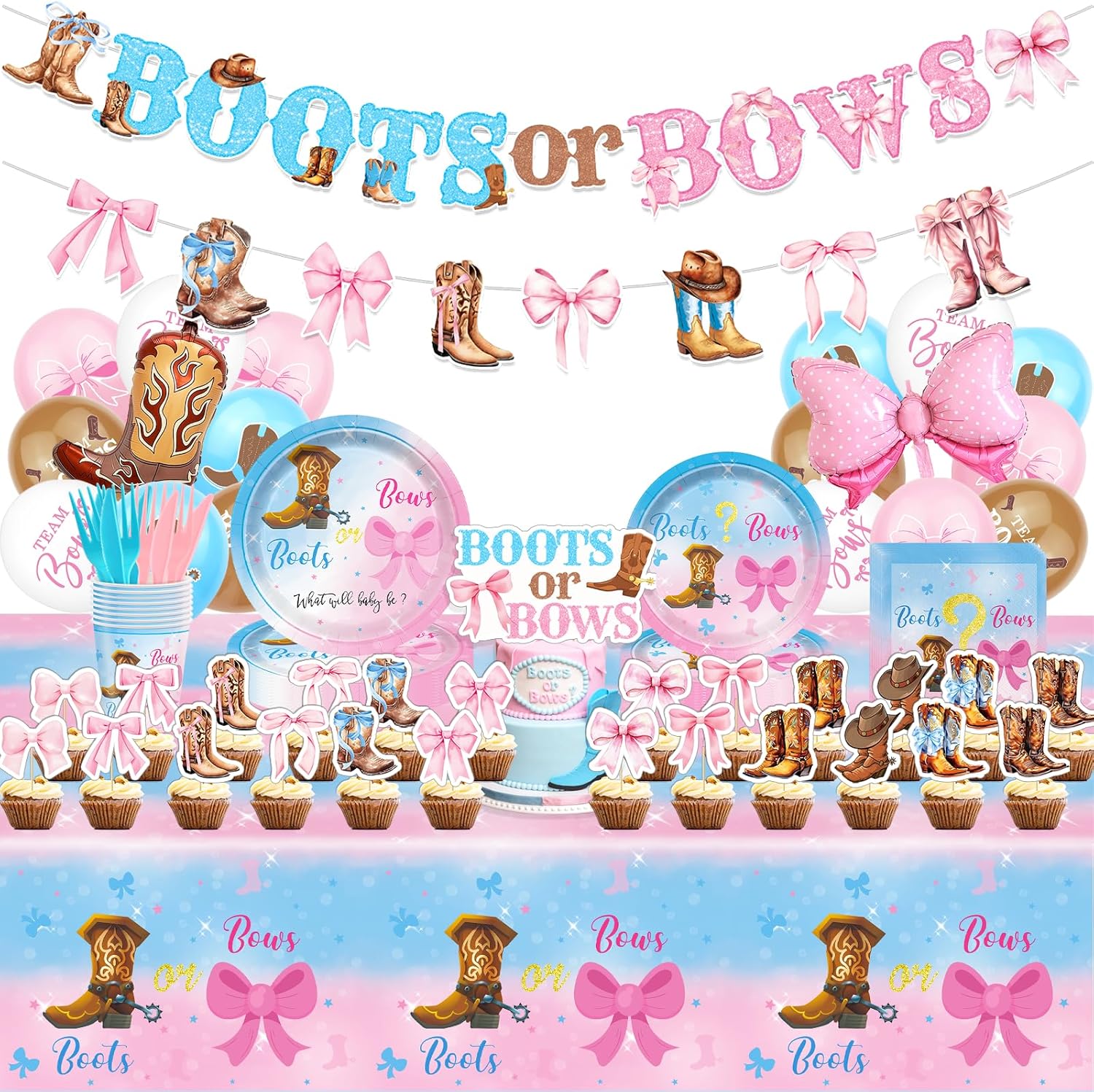 Boots and Bows Gender Reveal Party Supplies Includes Balloons- Banner-Boots or Bows Cake Topper-Cupcake Toppers-Backdrop-Plates-Tablecloth-Napkins-Cups and Cutlery for Gender Reveal Party Decorations