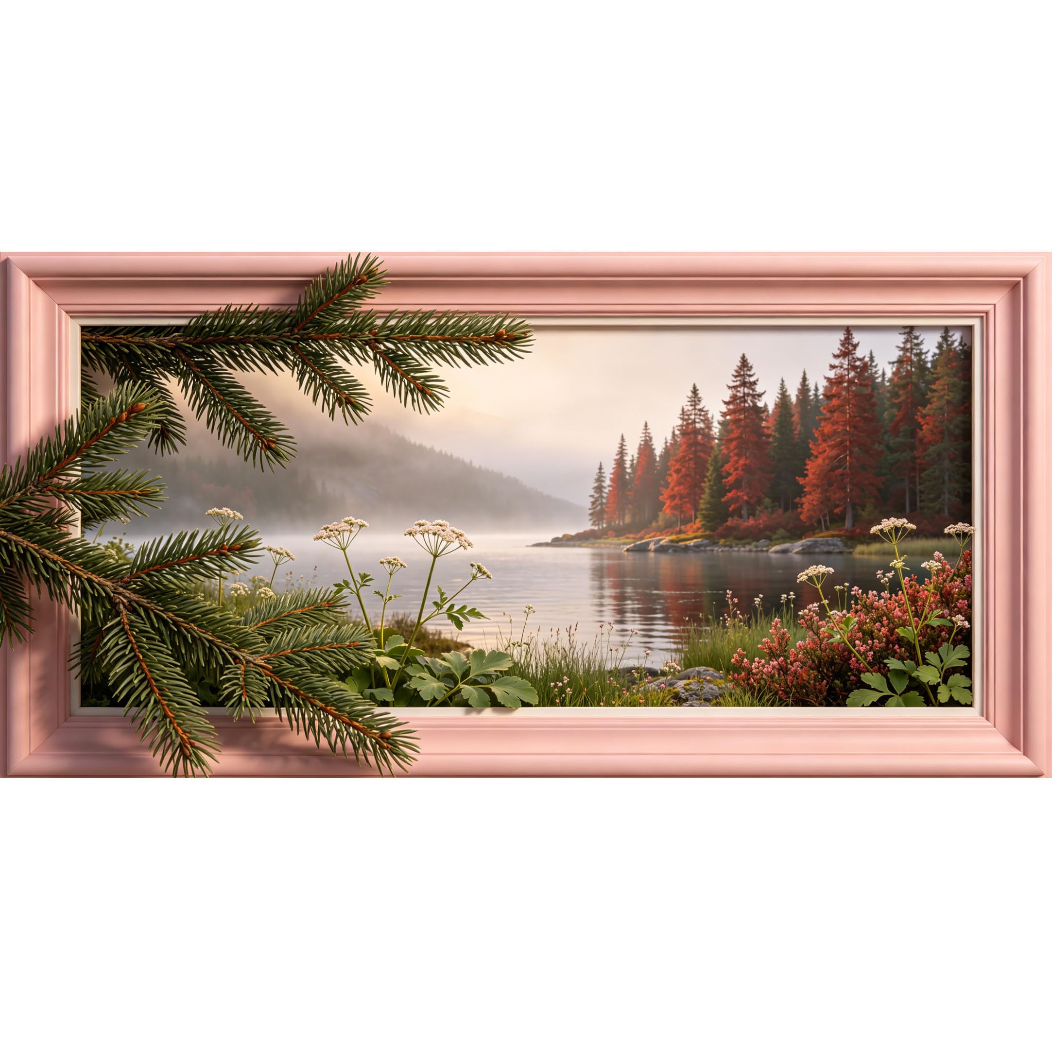 Agglomerix 3D Framed Wall Art Pine Branch Lake Mountain Landscape Forest Nature View Large Size SelfAdhesive Removable Wall Decor Prints Artwork for Living Room Bedroom Office