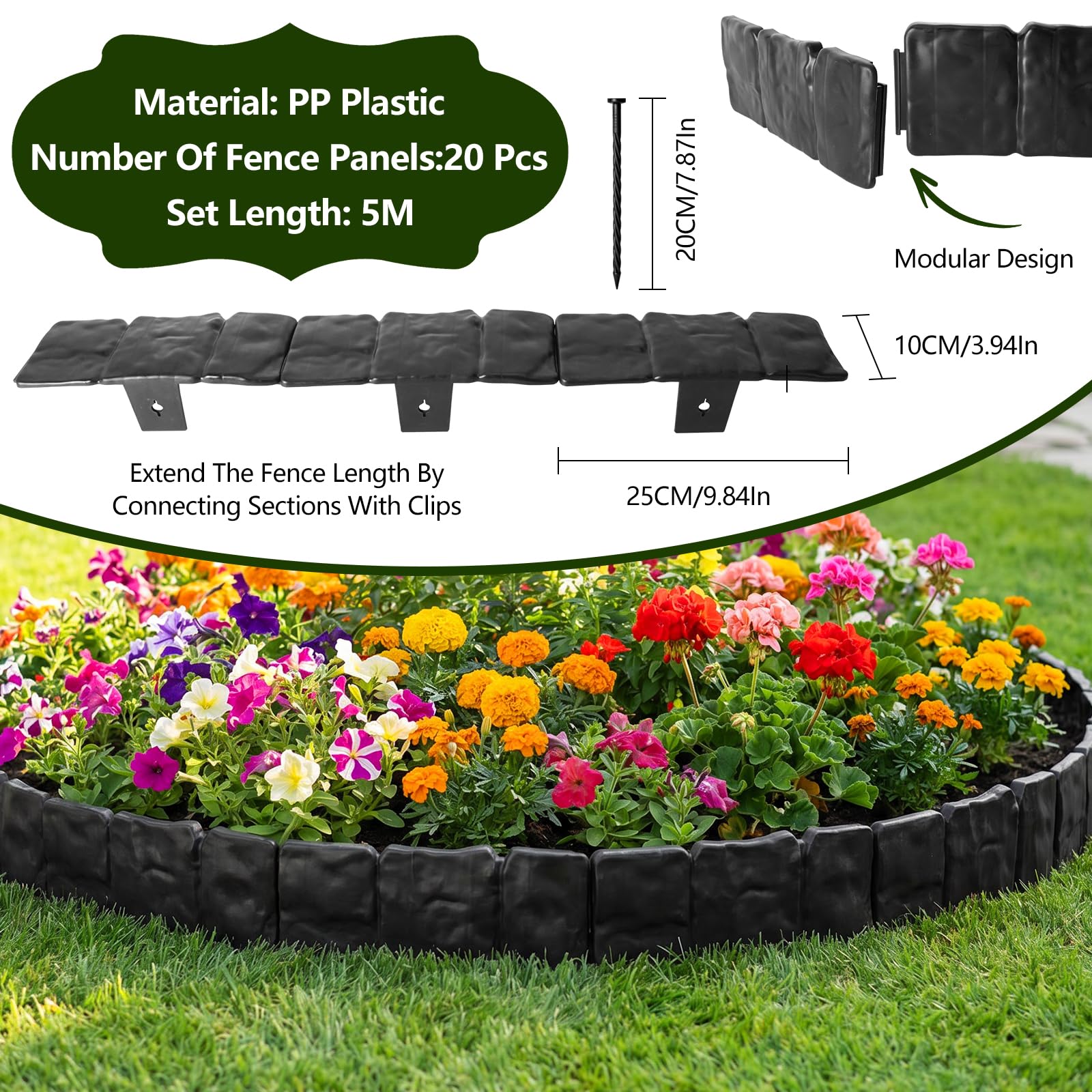 Recinzione per Giardino 5m, Bordo Giardino Decorativa in PP Resistente, Pietra Bordo per Prato Adatto in Plastica per Aiuole e Prati, Facile da Installare per Vialetti, Aiuole e Prati, Nero
