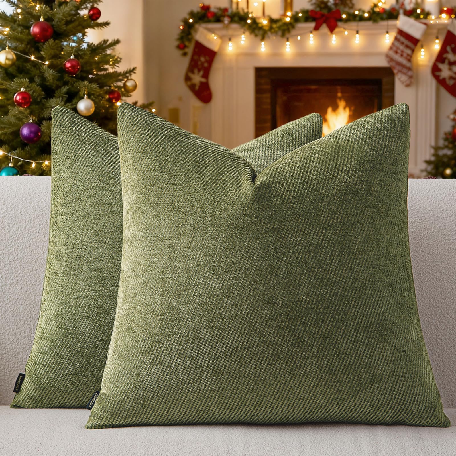 a moment Pack of 2 Decorative Chenille Cushion Cover Throw Pillow Covers with Twill Cushion Covers for Sofa Living Room Couch Bed 18x18 Inch Moss Green