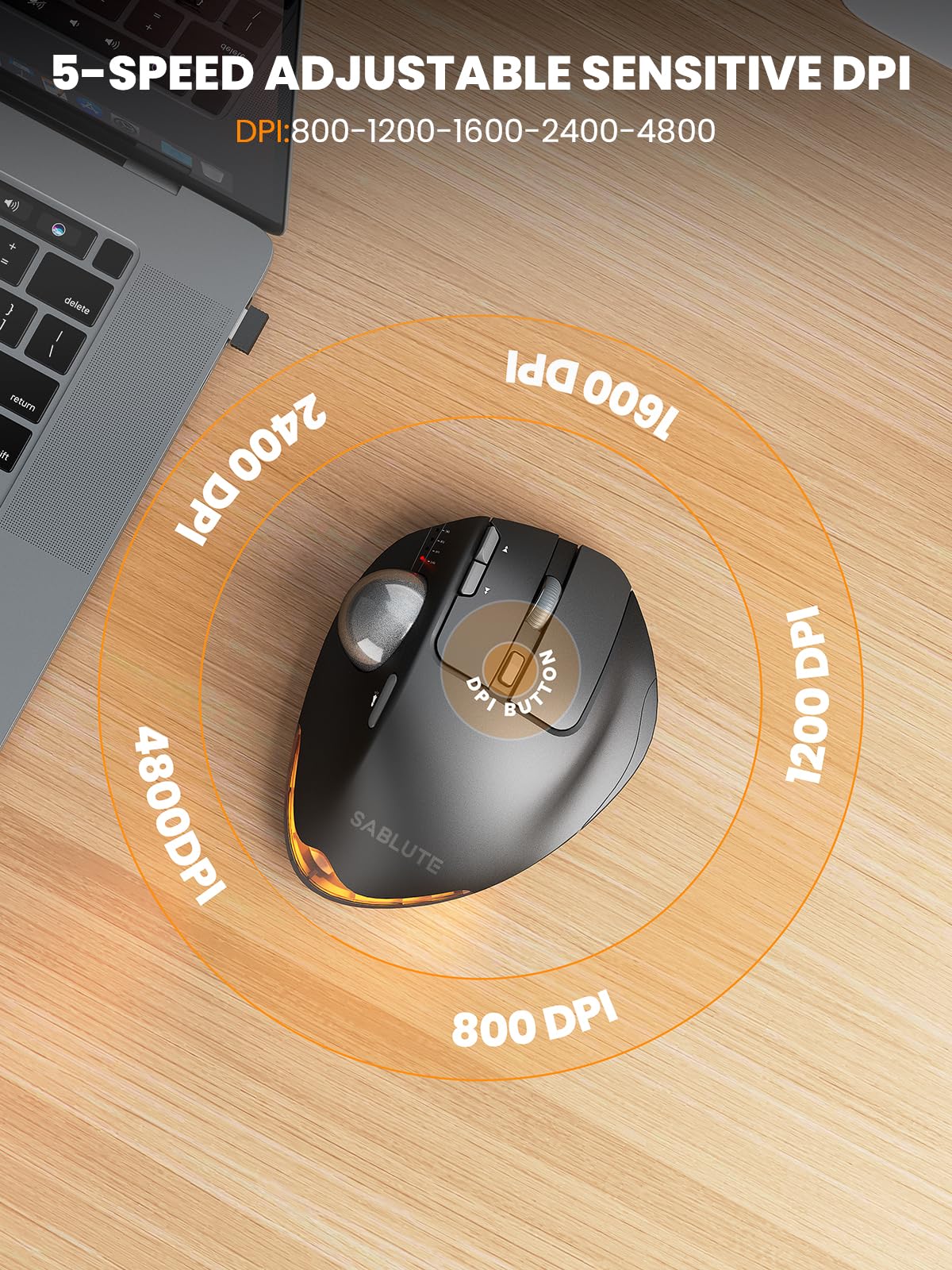SABLUTE MAM1 Pro - Ratón ergonómico inalámbrico Trackball, ángulo ajustable de 0°/18°, ratones de control de pulgar, clic silencioso, 3 receptores Bluetooth y USB multidispositivos, mouse recargable