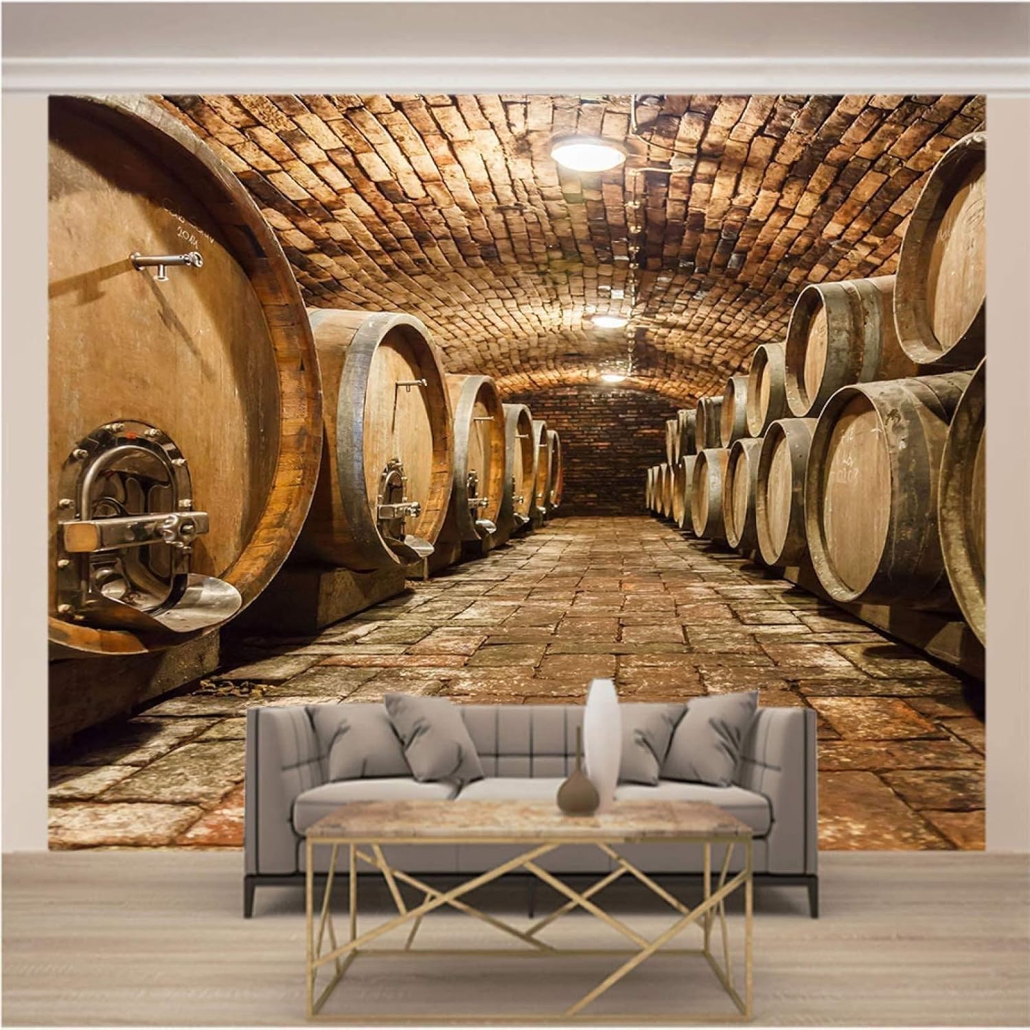 Retro Oak Barrels Tunnel Winery Cellar Mural 3D Photo Wallpaper, Winery Red Wine Casks Large