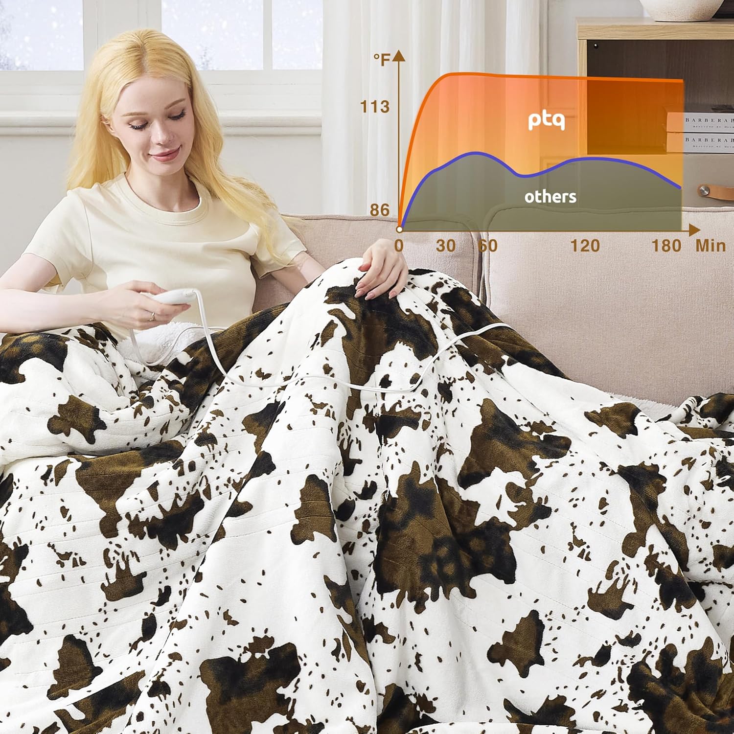 Electric Blanket Twin Size - Reversible Sherpa & Flannel, 62"× 84" Heated Throw Blanket with 6 Heat Settings & 1-12H Timer, Machine Washable, Warm Gift for Women, Brown Cow Print - Image 2