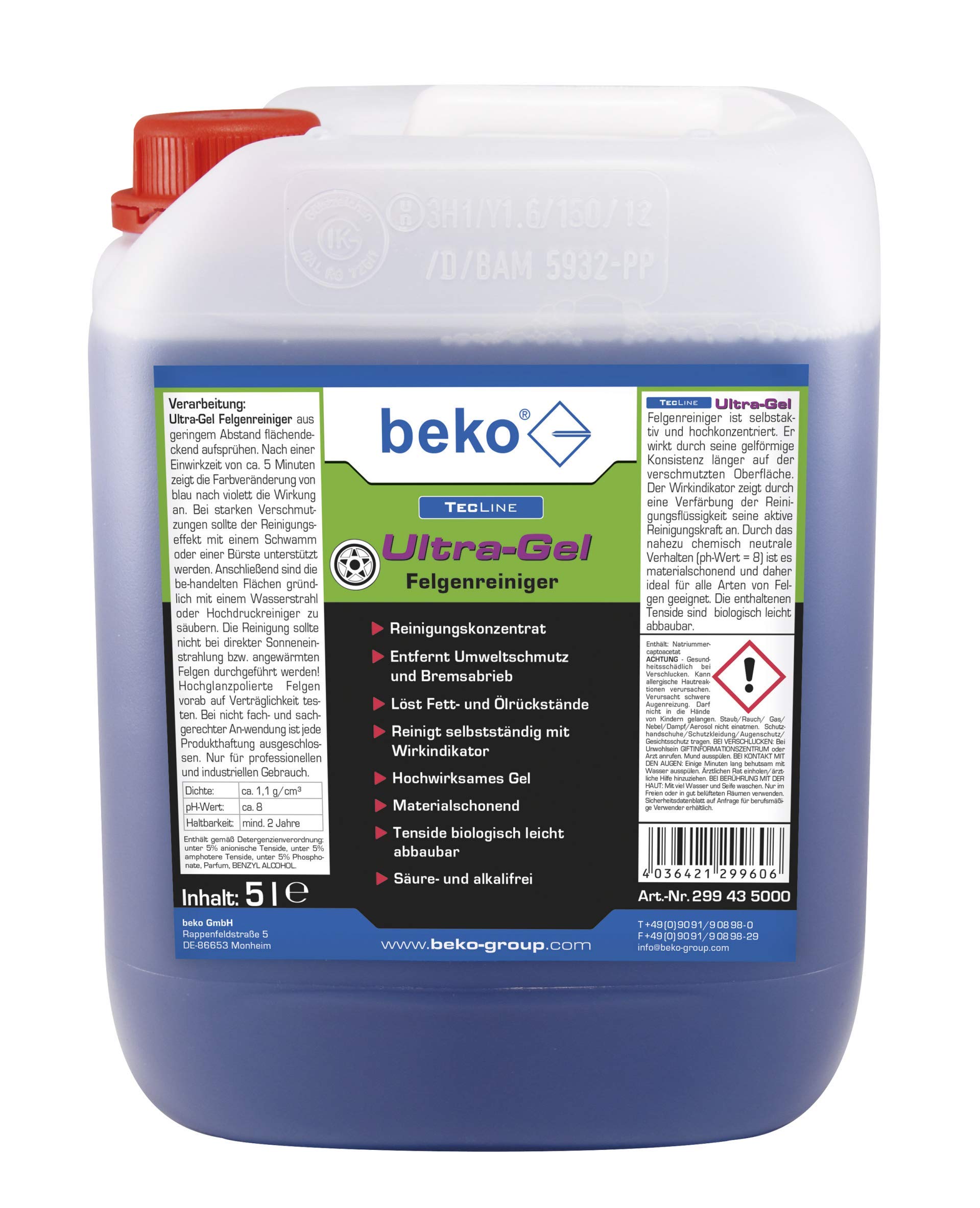 beko TecLine Ultra-Gel Felgenreiniger 5 l Kanister 299 43 5000 | Selbstaktiv mit optischem Wirkindikator