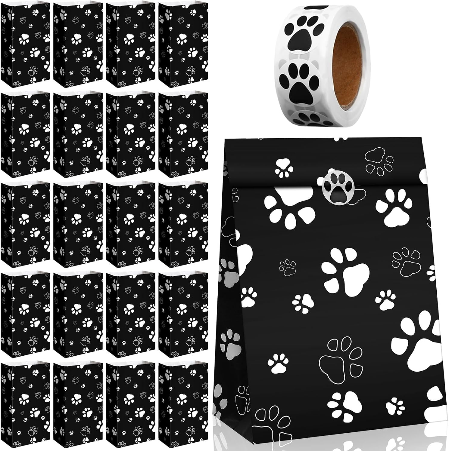 Qilery 200 Pcs Black Paw Prints Paper Lunch Bags Bulk 3lb 11.02 x 5.91 x 3.54 Inch Kraft Paper Dog Gift Bags Puppy Footprints Snack Decor with Paw Labels for Party Favors