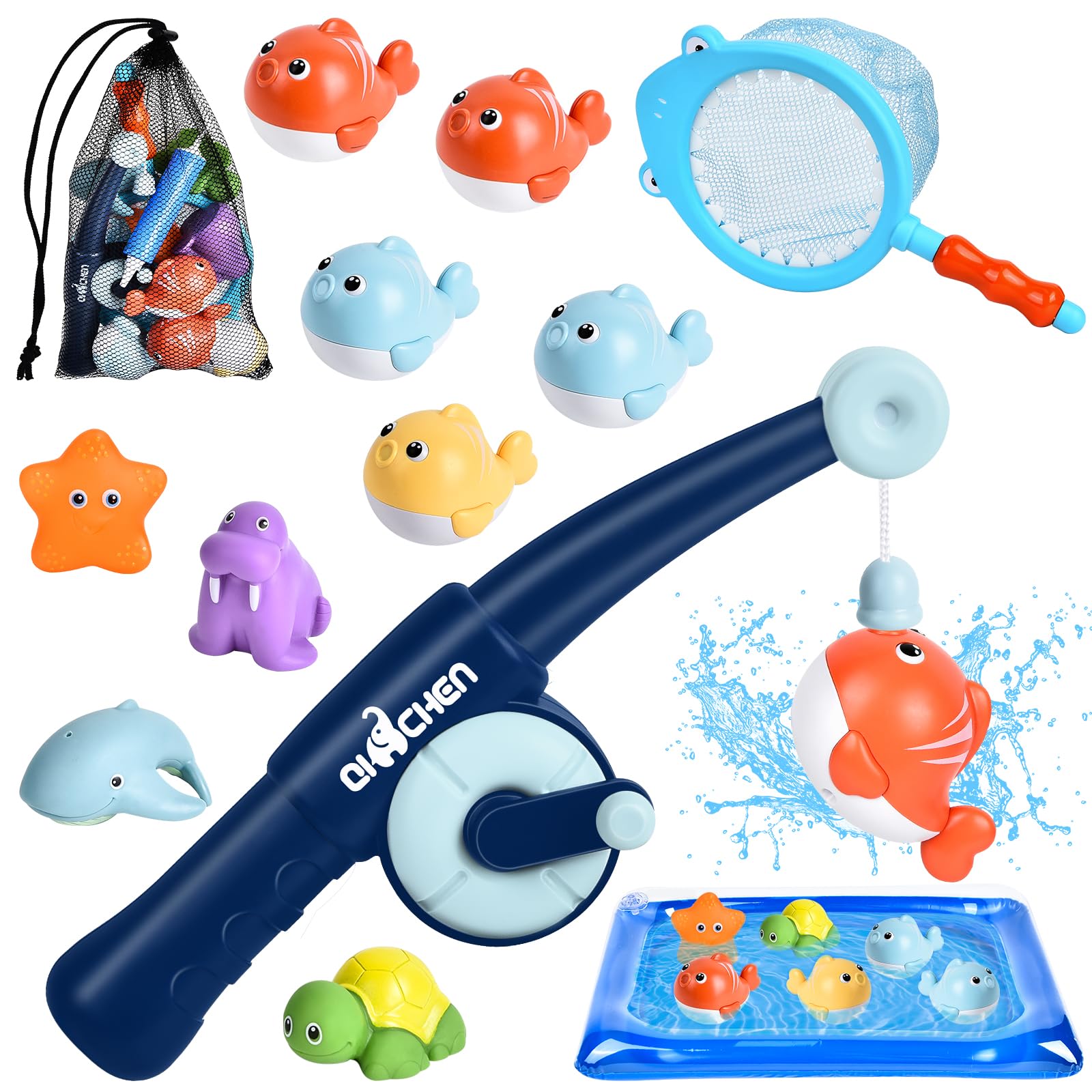 IEEILULU Juego de Juguetes de Baño para Niños, 15 Piezas Juguete de la Flotando Pesca con Piscina Inflable, Red de Pesca, Animales Marinos de Chorro para la Bañera y la Piscina Infantil