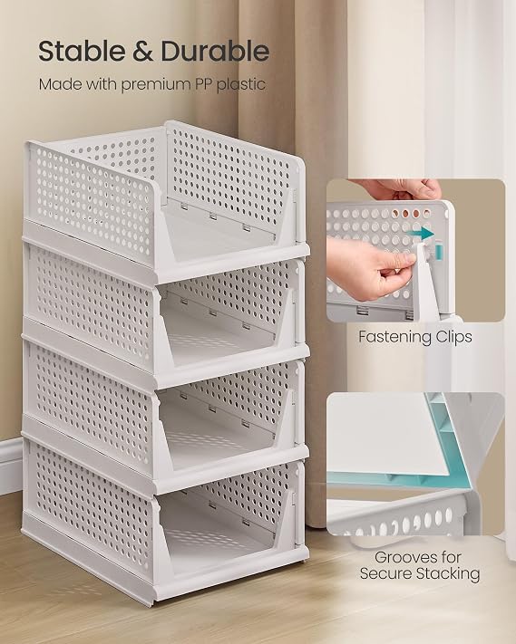 SONGMICS Stackable Wardrobe Storage, Foldable Closet Organiser, Set of 4 Pull-Out Baskets, Closet Storage and Organisation, Bedroom, Office, Bathroom, White LPC400WZ01