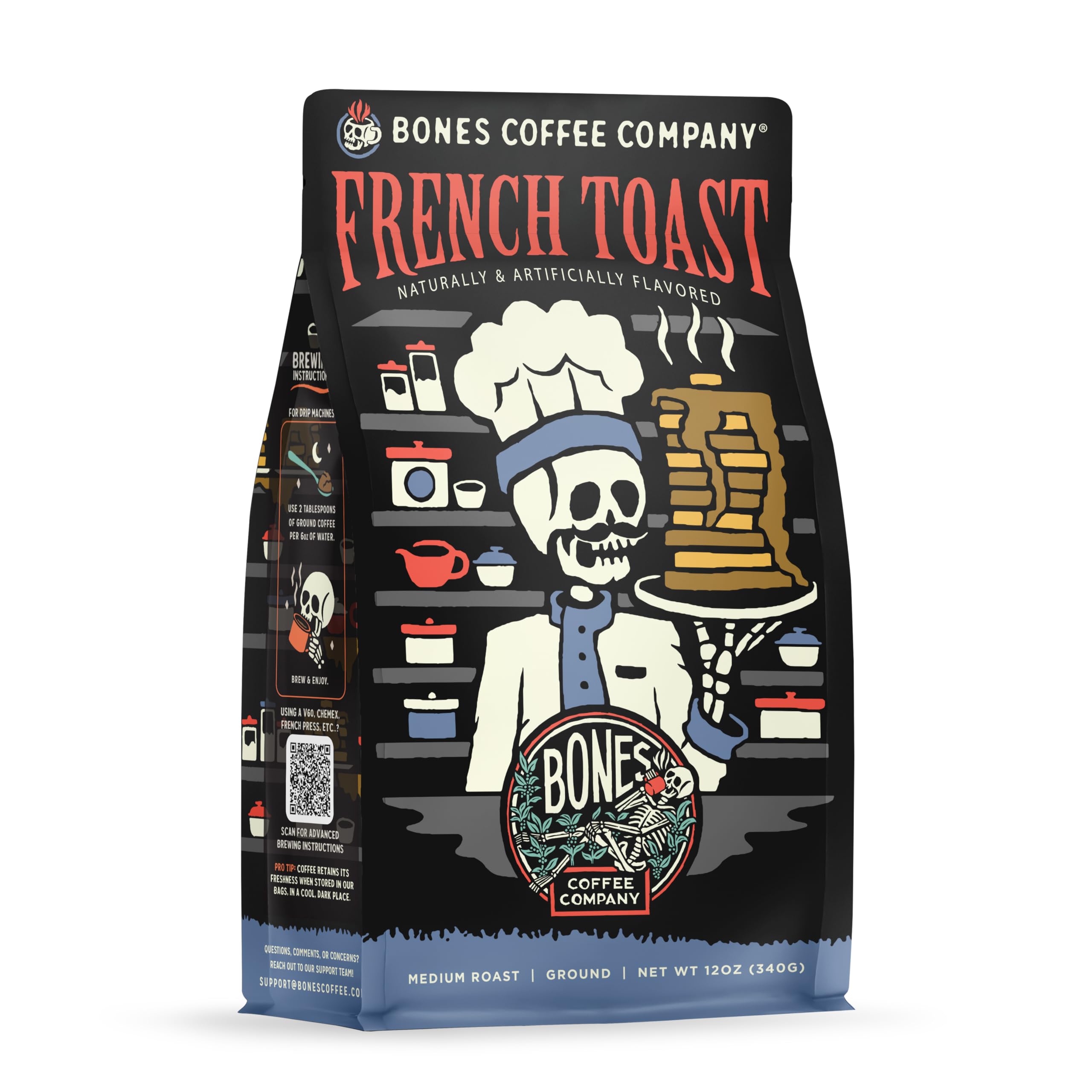Bones Coffee Company French Toast, Sweet and Buttery Flavored Coffee, Medium Roast Low Acid Arabica Beans Compatible with Auto drip and French Press Coffee Maker, 12 Oz Ground