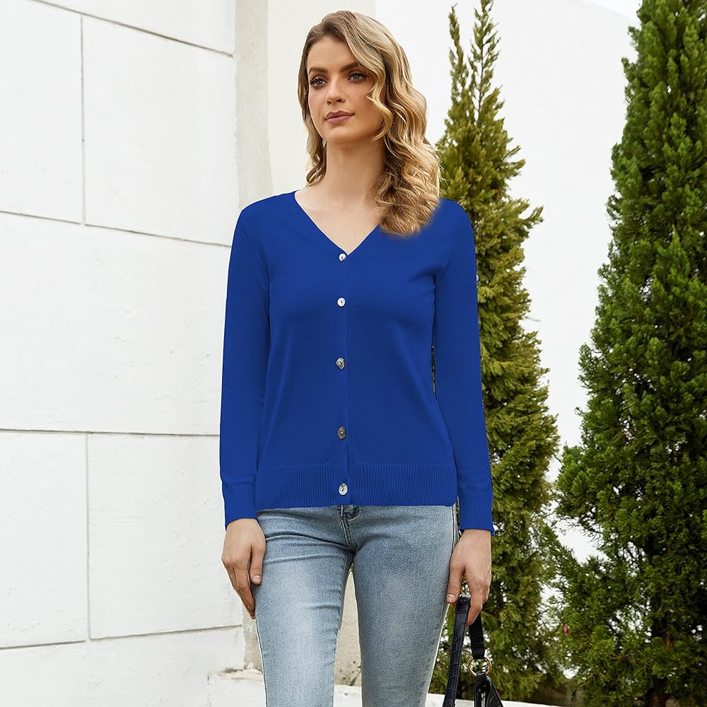 トップス ROUND NECK CARDIGAN /SLIM VNECK pullover Women's V-Neck Long Sleeve Button Down Lightweight Sweater