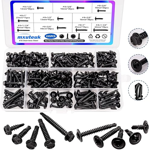 mxuteuk Tornillos autorroscantes negros #8 x 1/2 a 1-1/4 pulgadas para tornillos autorroscantes de metal hexagonal y cabeza de armadura modificada