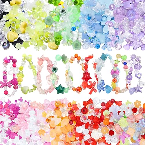 RYKOMO 400-500PCS Acrylic Beads, Cute Assorted Kawaii Aesthetic Beads for Jewelry Making, DIY Bracelet Necklace, Phone Lanyard (10 Candy Colors)