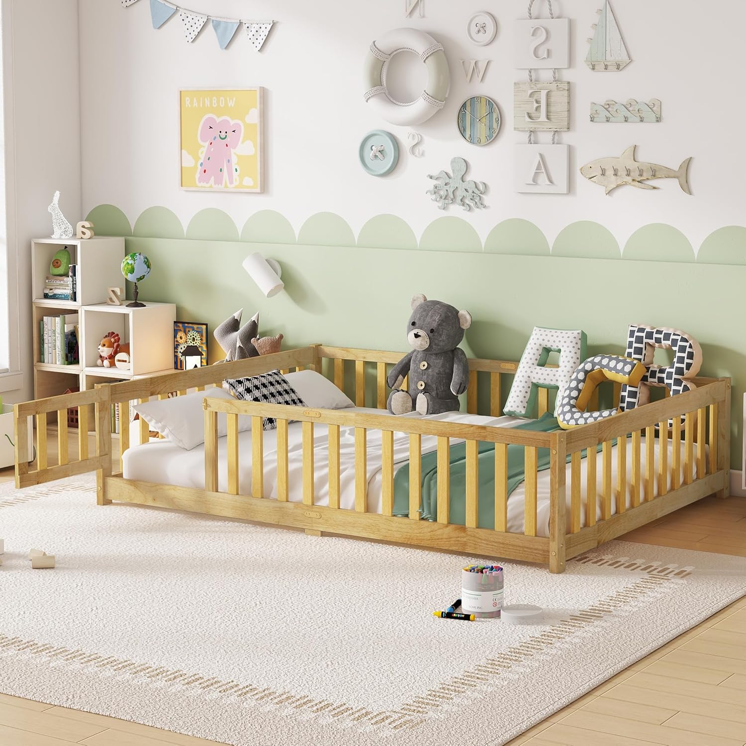 PVWIIK Full Size Montessori Floor Bed with Door and Guardrails and Wood Slats Support for Girls & Boys,Wood Montessori Bed Frame,Close to The Floor for Kids,Natural