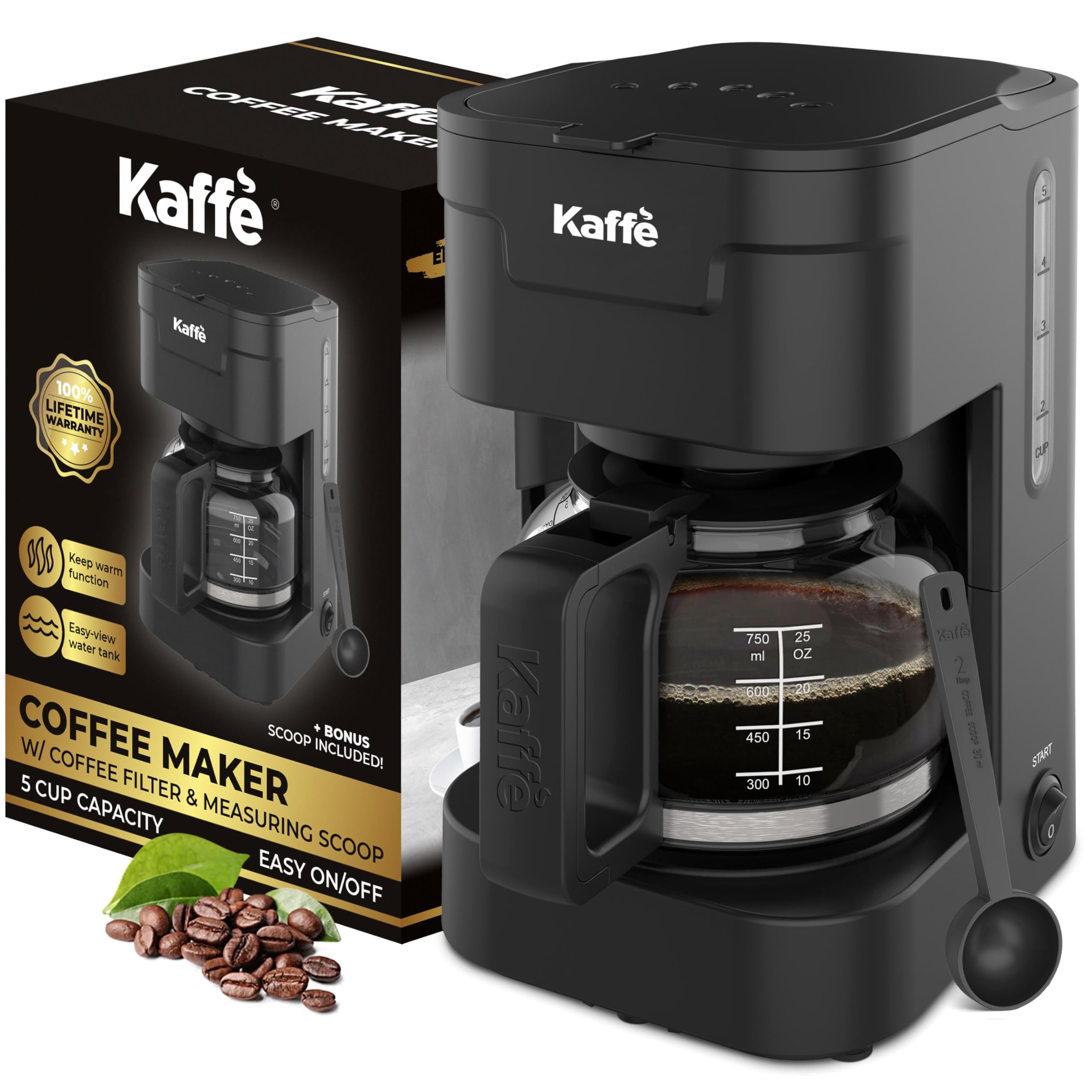 Kaffè Cafetera (750 ml) – Función de mantener caliente, lavable y filtro de cesta extraíble – Compatible con filtros tamaño 2 para verter sobre café – Tanque de agua de fácil visión – Negro mate