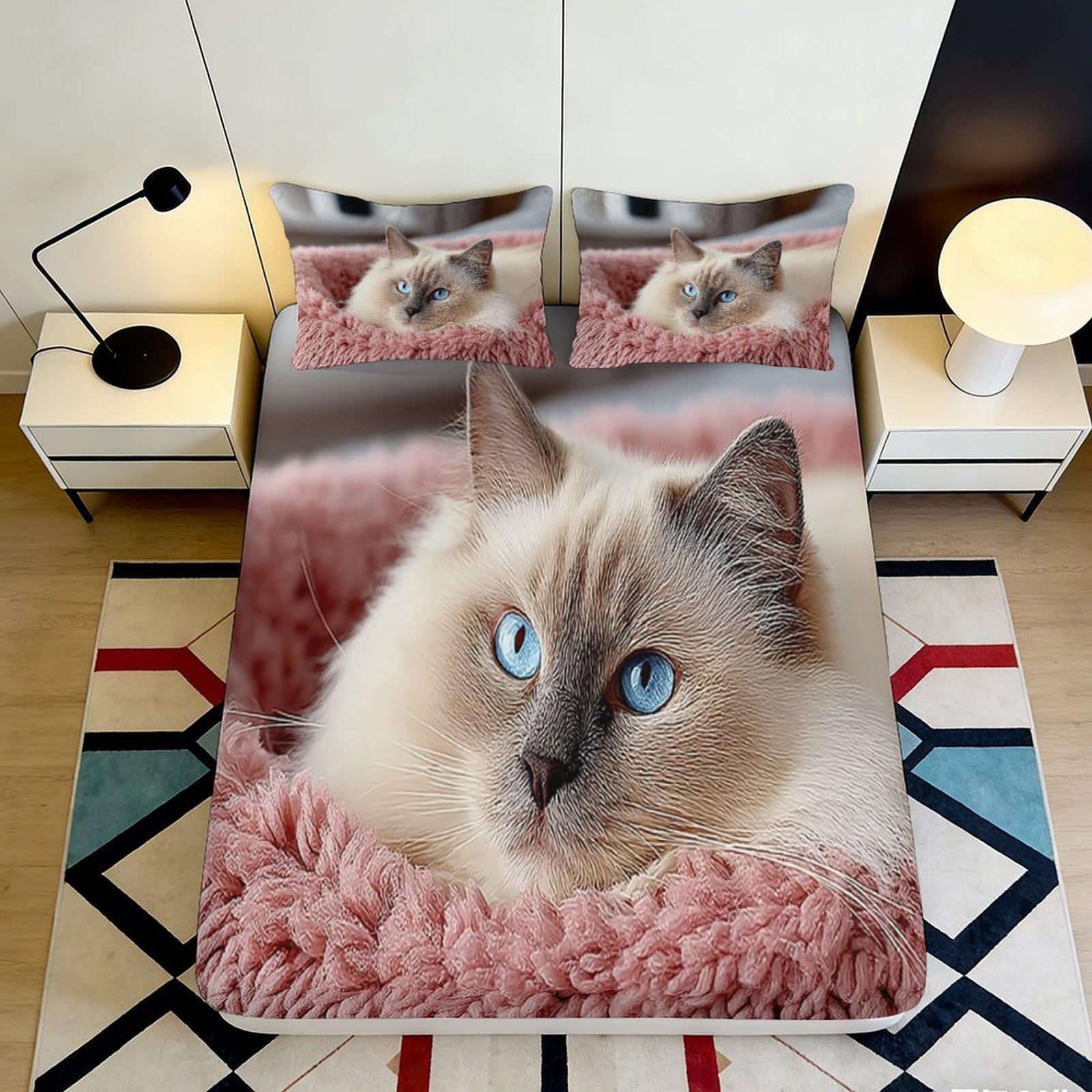 3D Printed Blue Eyed Cat Fitted Sheet Microfiber Soft Pink Fur Bed Cover for Bedroom Guest Room Decor 90x200x25cm