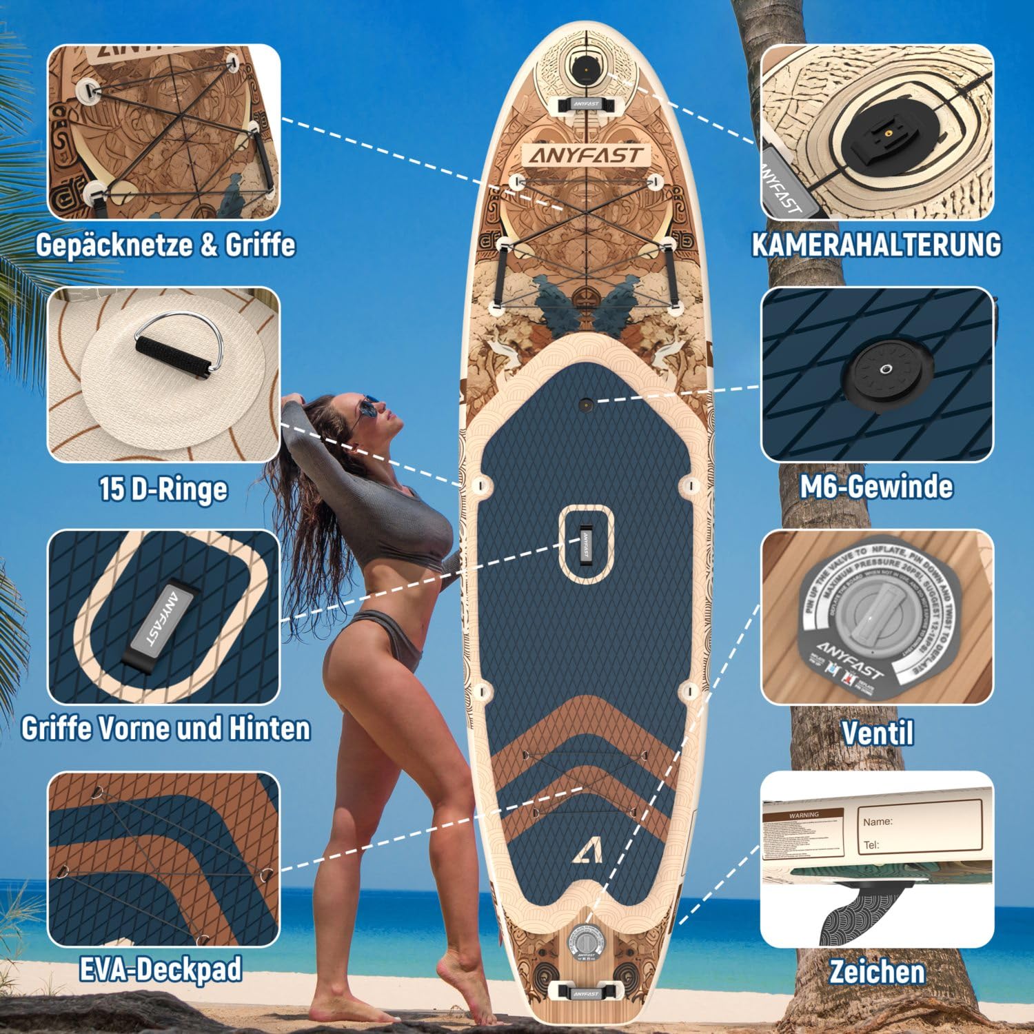 Planche à pagaie de pêche gonflable large – 204,1 kg, extra large, ultra stable, antidérapante, pompe, support pour appareil photo, laisse, sac à dos, poignée pour enfant, accessoires, surf