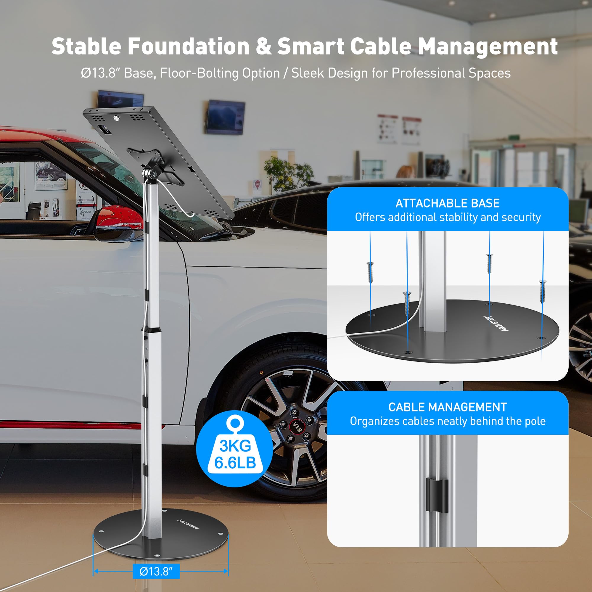 AboveTEK iPad Bodenständer mit Diebstahlschutz, Höhenverstellbarer Tablet Kiosk Stand mit Schloss, Schwerer Tablet Bodenständer für 12,9–13 Zoll iPad Pro/Air & 12,4 Zoll Galaxy Tab