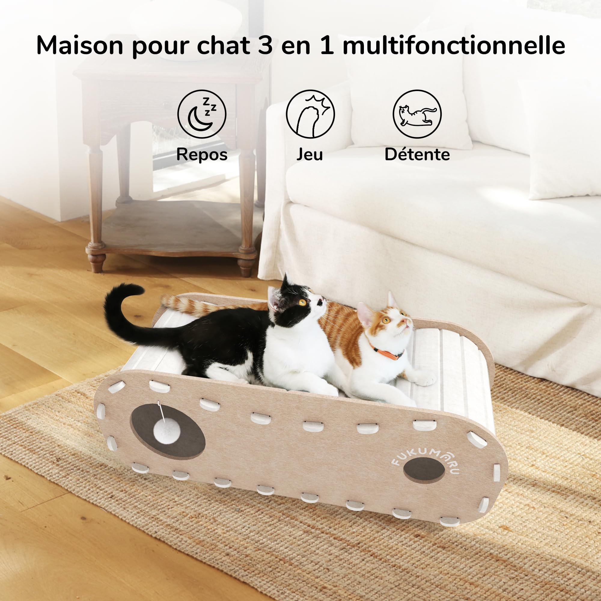 FUKUMARU Lit pour Chat d'intérieur, Grotte Extra Large pour Chat 80 cm Maison Confortable avec Boule Moelleuse à Suspendre, Lit cachette en Feutre résistant aux Rayures, Tunnel félin, Beige