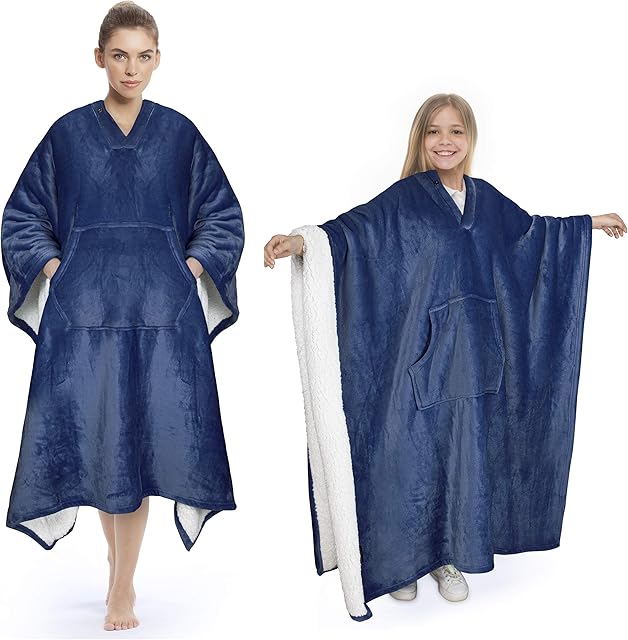 Catalonia Classy Sherpa Fleece Poncho Blanket Super Soft Warm Cosy Wearable Large Blanket for Adult Women Men Fluffy Throw Indoors or Outdoors, 200 x 140 cm Navy