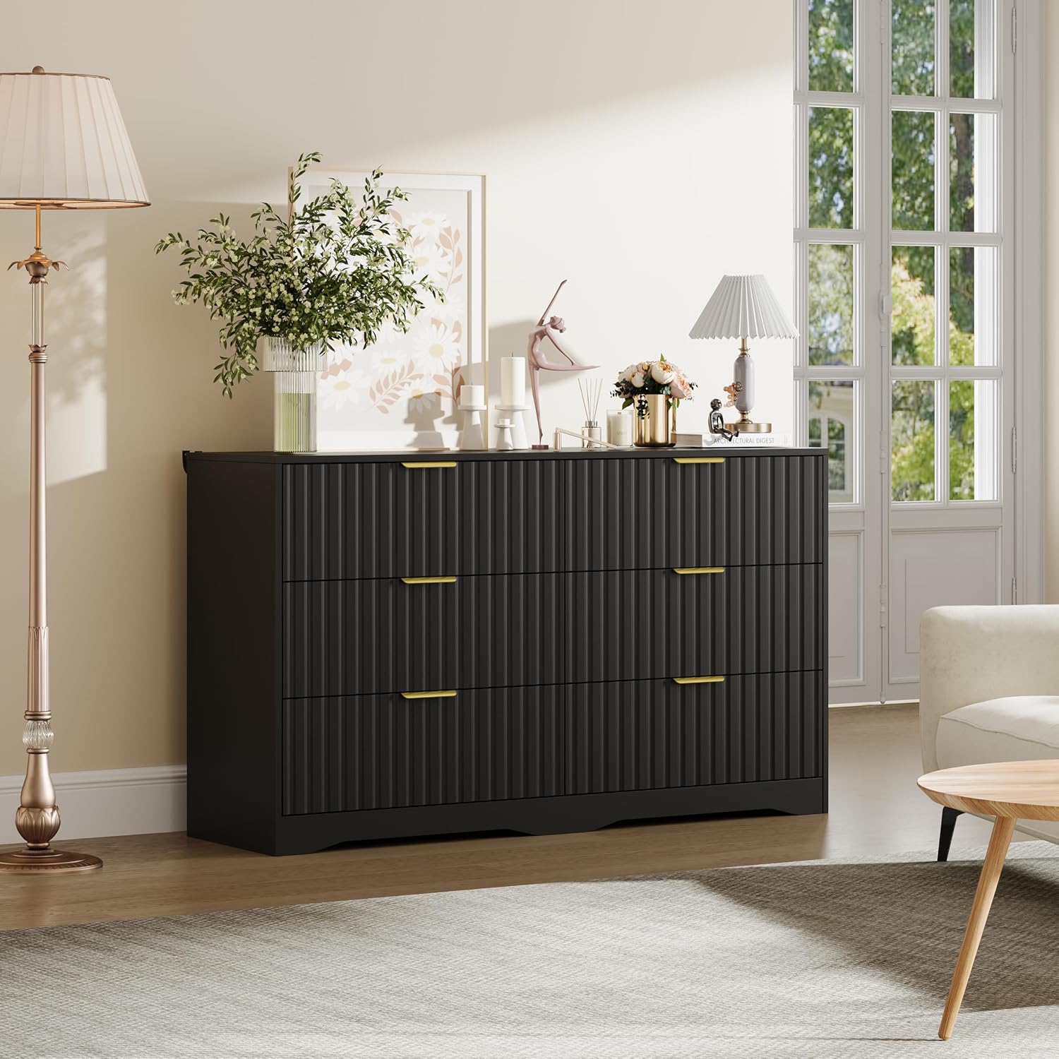 3 Piece Fluted Bedroom Furniture Set,Mid-Century Modern 6 Drawer Dresser & 2 Nightstands with Metal Handles, Wood Grain Finish Chest of Drawers for Bedroom, Living Room, Entryway, Black
