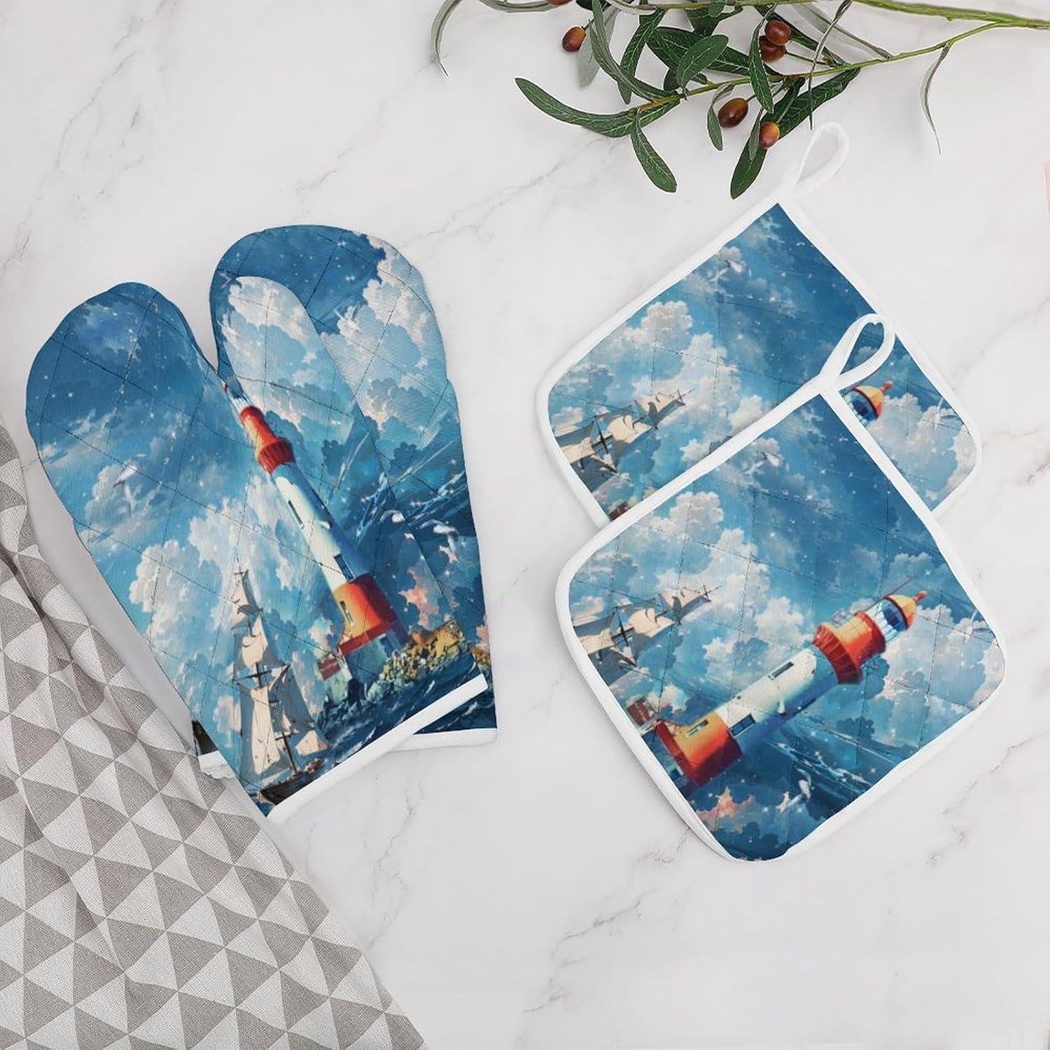 Abstract Coastal Lighthouse Oven Mitts and Pot Holders 4 Vintage Seaside Nautical Ocean Waves Lighthouse Seagulls Beach Boat Piece SetOven Mitts and Potholders Cooking Gloves Suitable Kitchen