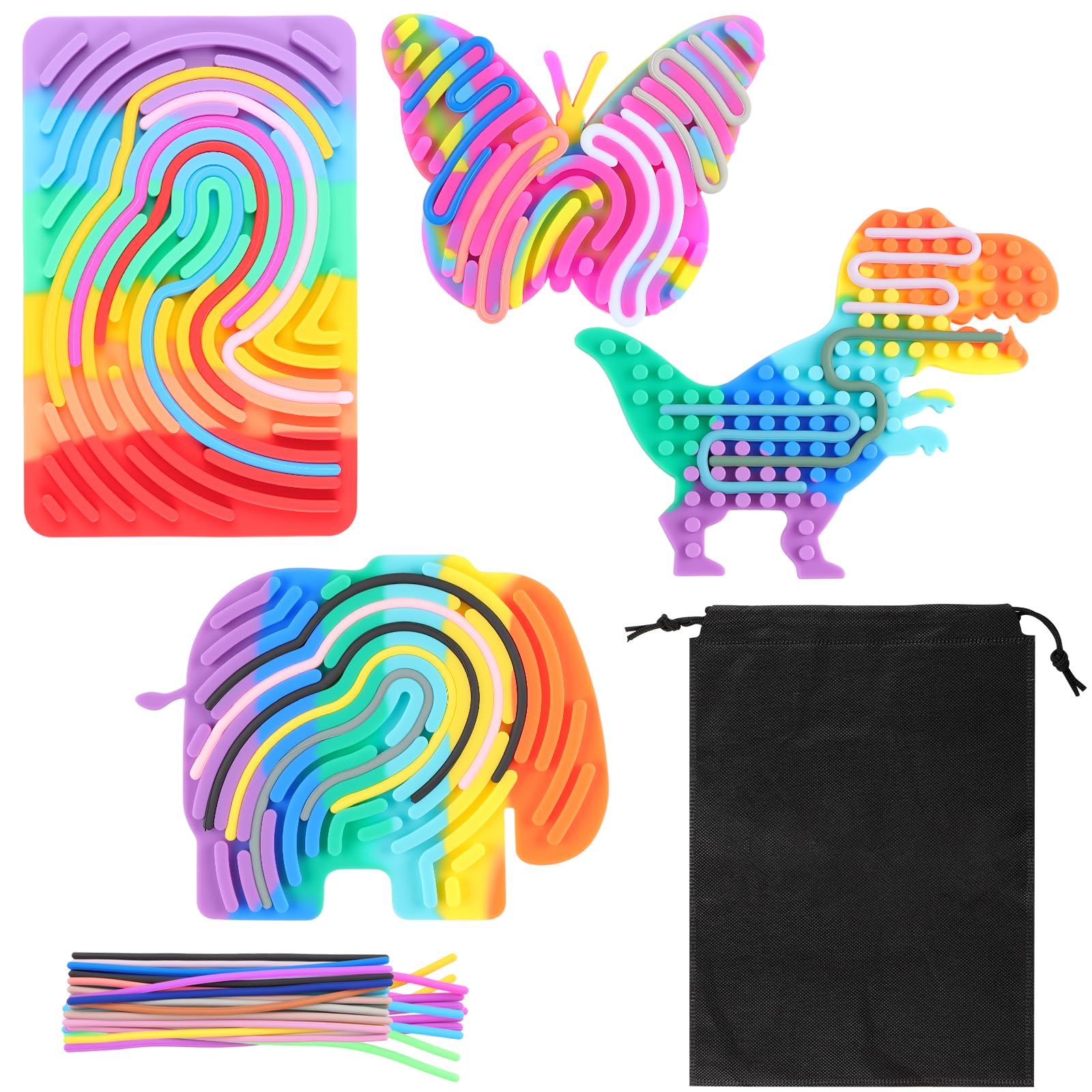 SRunDe 4Pack Push Peel Sensory Activity Board Silicone with 1 Portable Bag 44 Strings Travel Calming Fidget Travel Toys Double Sided for Stress Relief Calming Focus Adhd Autism ADHD Kids 3+ & Adults