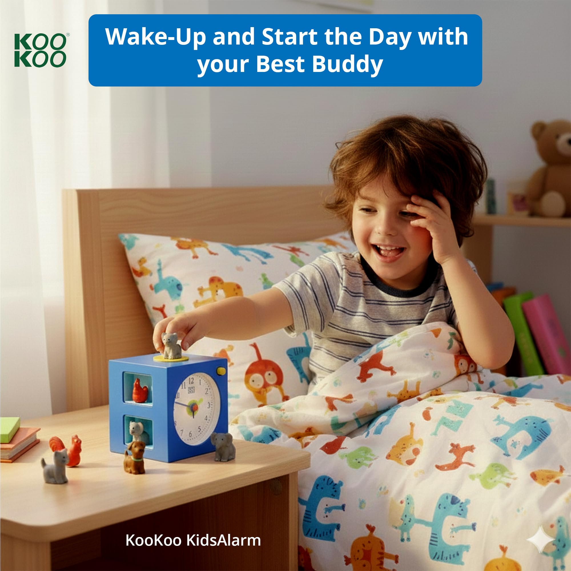 KOOKOO KidsAlarm Azul, Despertador para niños incluy 5 Animales de Granja con Les Sonidos, grabaciónes de la naturalez