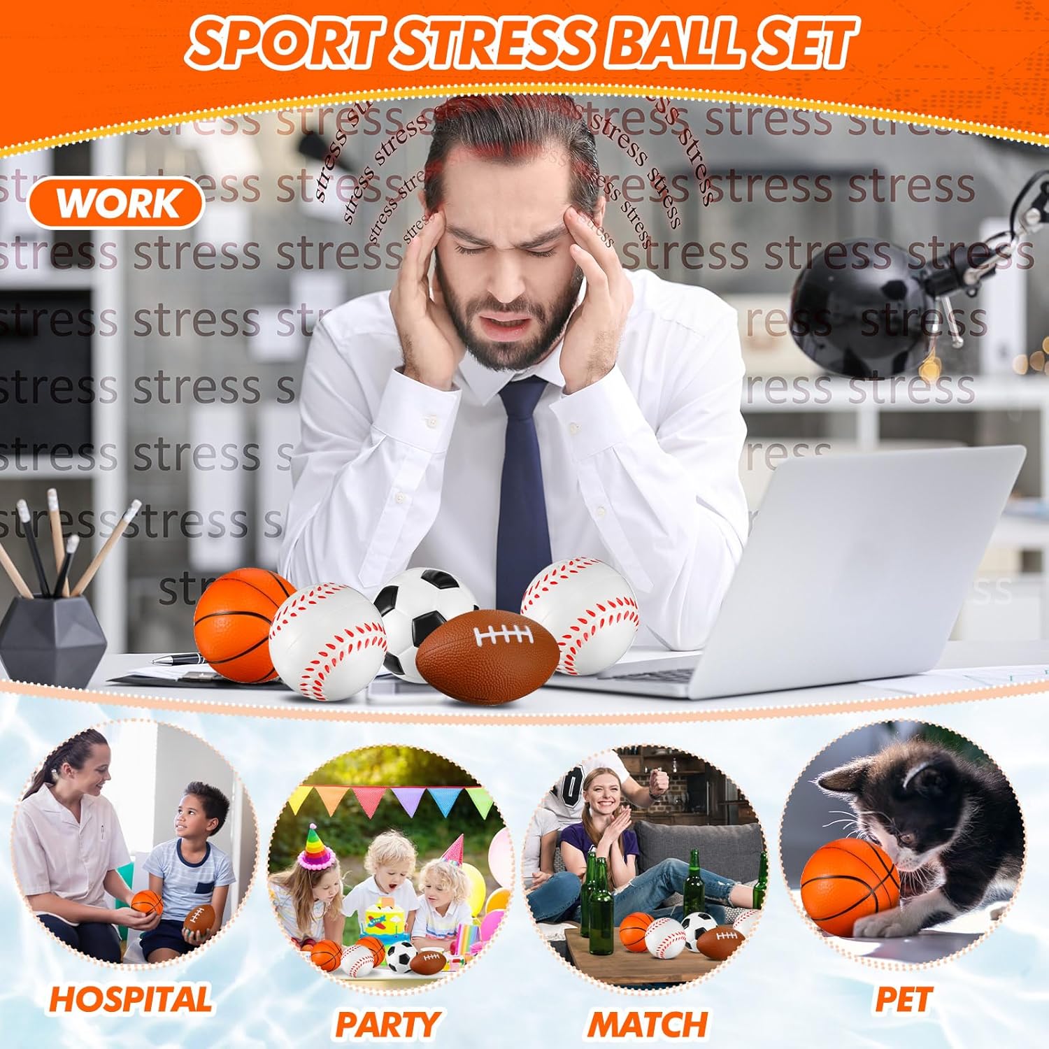 Leyndo 30 Pack 4" Extra Large Sports Stress Balls Bulk PU Squeeze Foam Balls Basketball, Football, Baseball, Soccer, Fidget Toy for Tension Relief Sport Party Favors Class Prizes Kids Adult