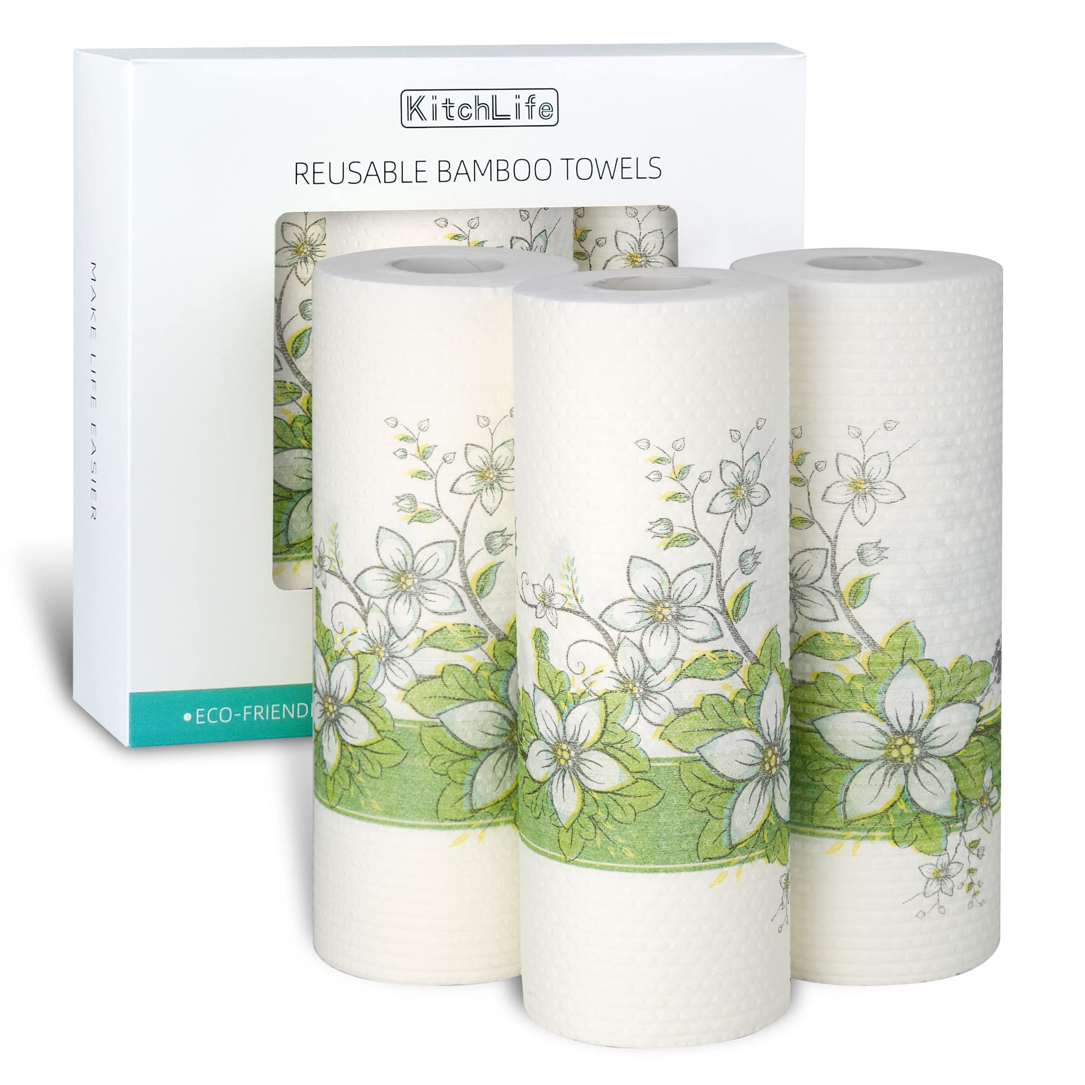 KitchLife Reusable Bamboo Paper Towels - 3 Rolls = 12 Months Supply, Washable and Recycled Kitchen Roll, Zero Waste Products, Sustainable Gifts, Environmentally Friendly, (RasF)