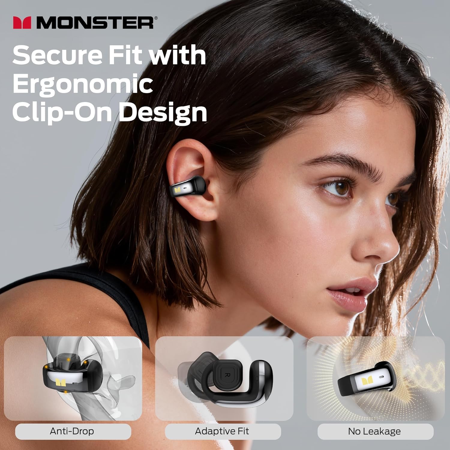 Monster Airclip AC210 Open Ear Headphones, Clip-On Earbuds, Lightweight Comfort, Secure Fit, Crystal-Clear Call, IPX6, 36H Playtime, Bluetooth 6.0 Wireless Earbuds for Running/Cycling/Gym (Black) - Image 2