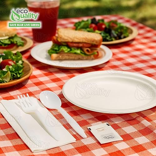 Miniatura 5 de EcoQuality Kit de cubiertos envueltos 6 en 1 – Tenedor/Cuchara/Cuchillo/Servilleta/Sal/Pimienta – Kit de cubiertos desechables, perfecto para el