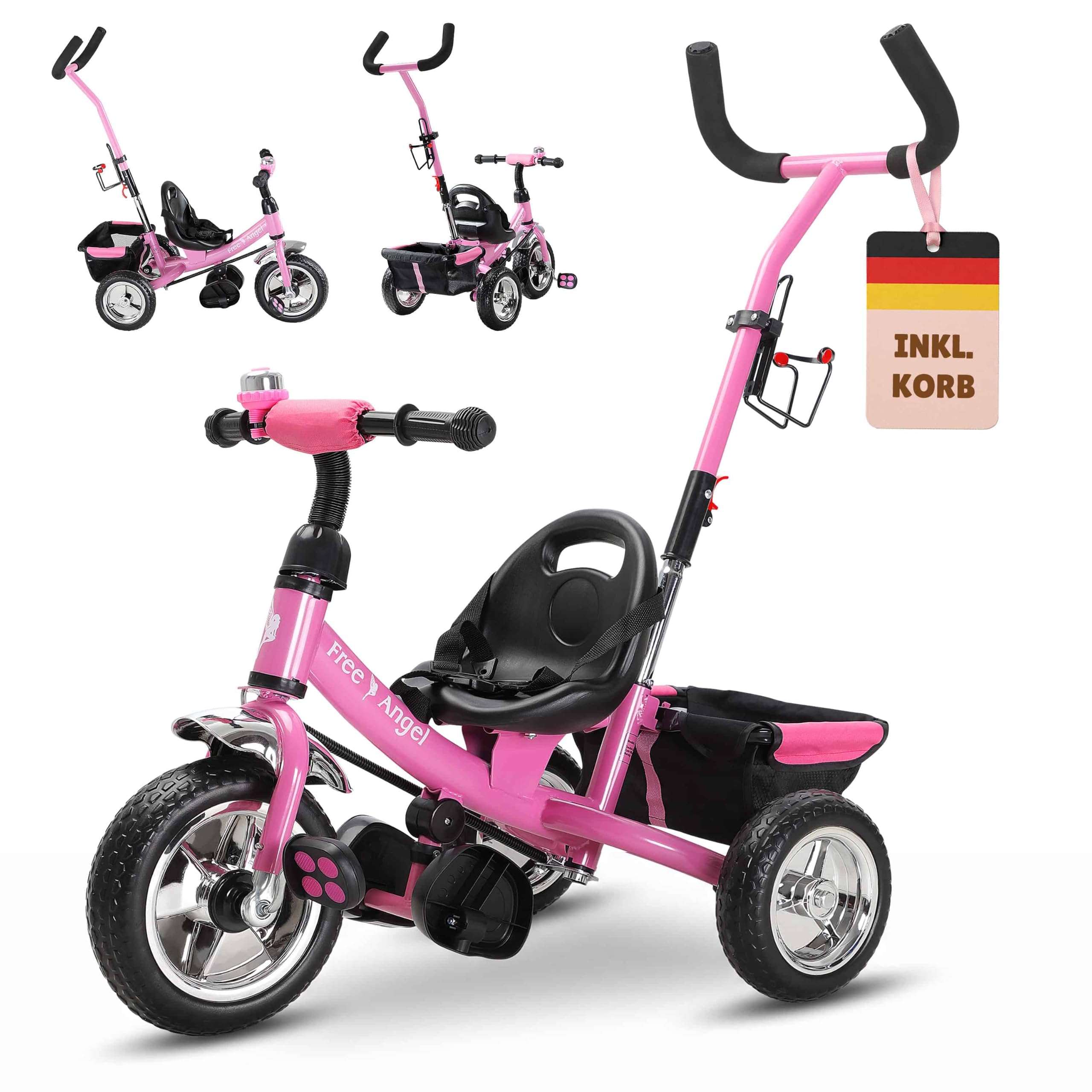 Spielwerk® Dreirad 2in1 mit Schubstange ab 1 Jahr Getränkehalter Kinderdreirad Klappbare Fußablage Baby Buggy Laufrad Kinderwagen Kleinkind Rosa