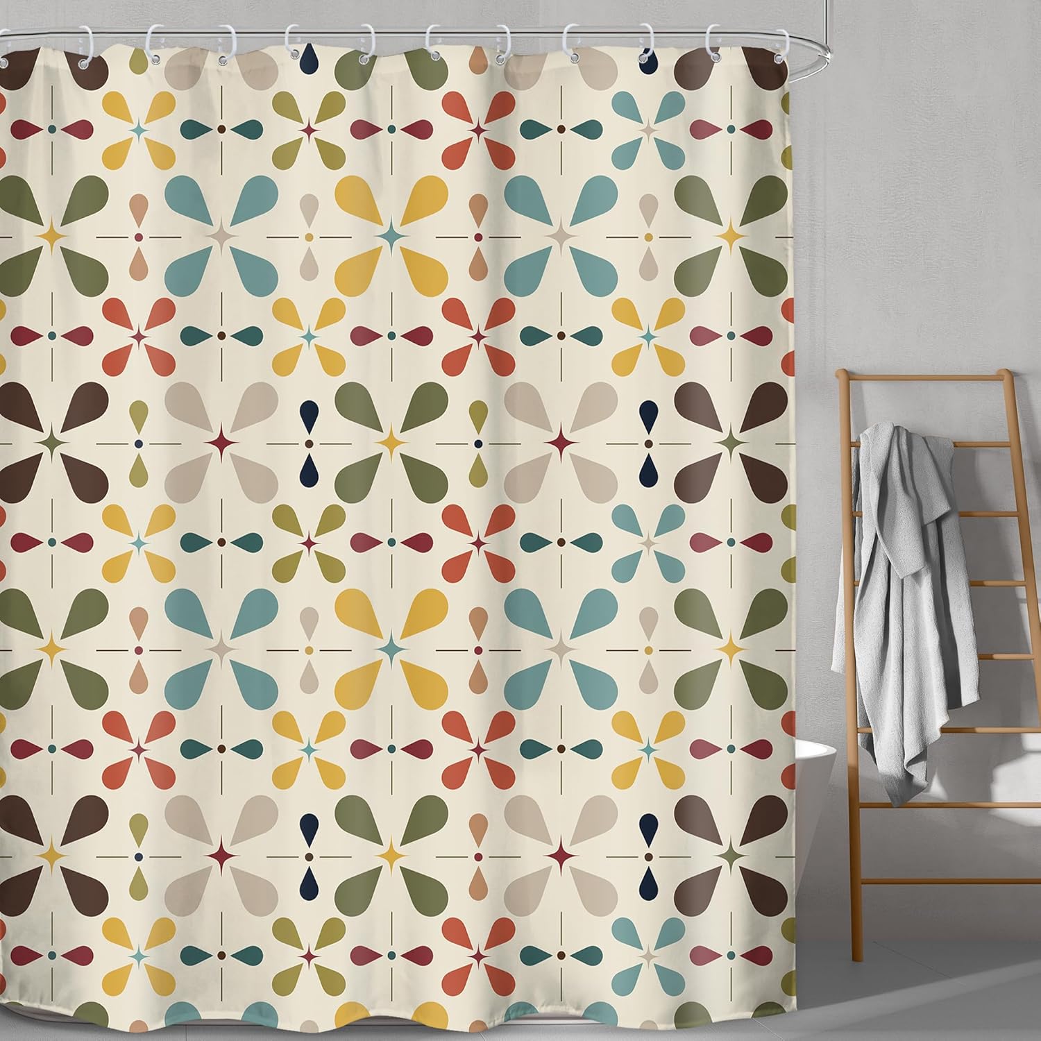 LGhtyro Boho Mid Century Shower Curtain Bathroom Set 71Wx84H Inches Extra Long Abstract Modern Colourful Vintage Bohemian Geometric Bath Accessories Water Drop Art Home Decor Fabric 12 Pack Hooks