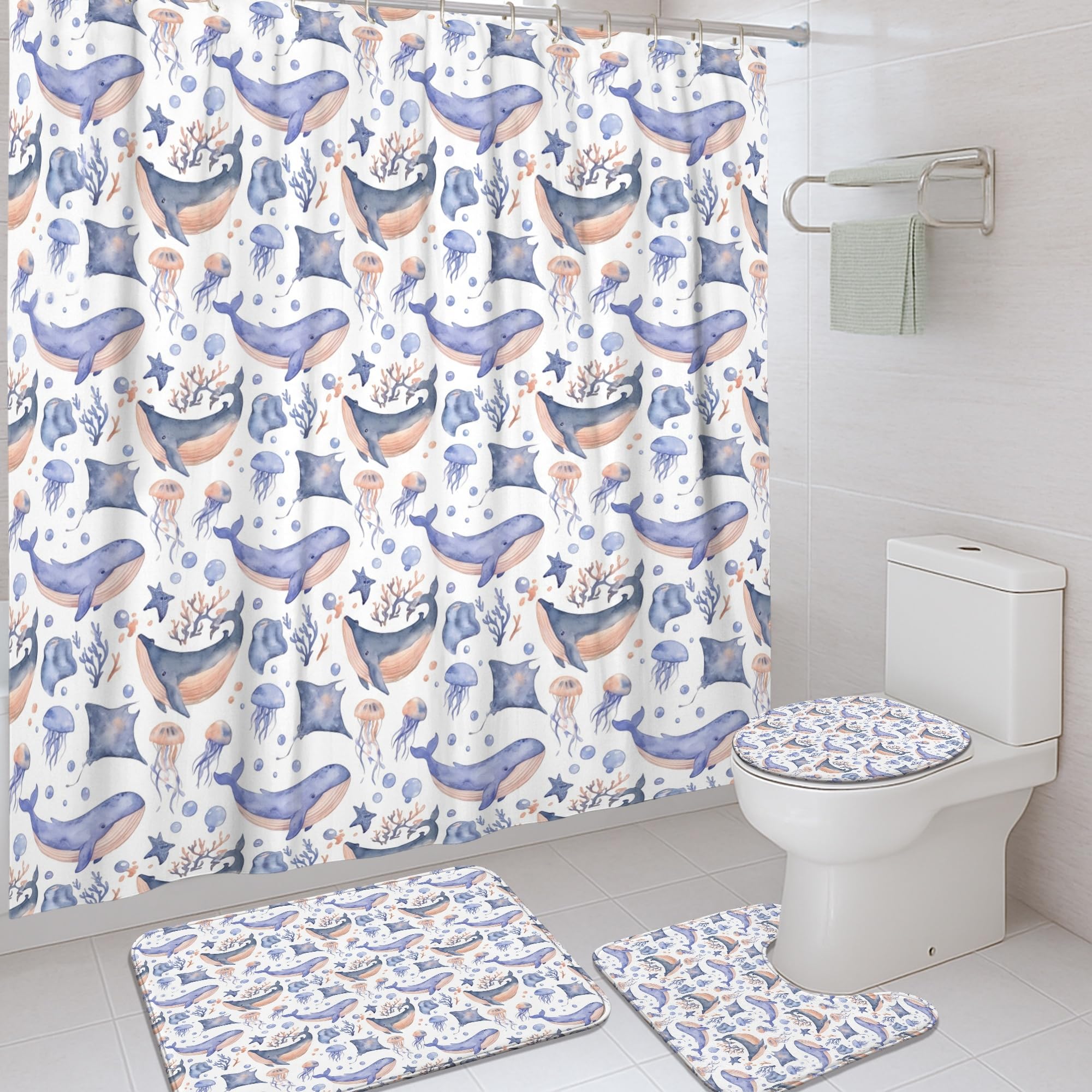 Rideau de douche baleine étanche et tapis absorbant pour éviter les éclaboussures