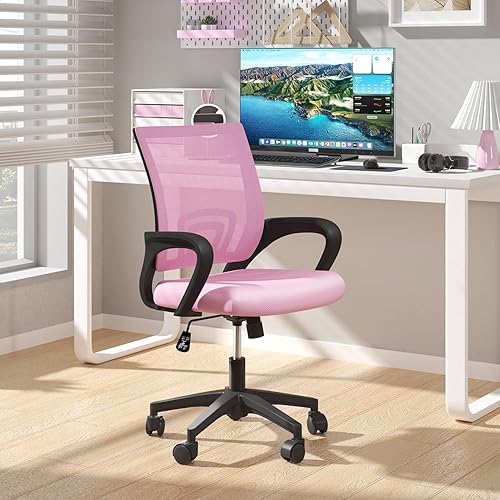 Miniatura 2 de Sillas de oficina en casa, sillas de escritorio ergonómicas de malla con respaldo medio con soporte lumbar, diseño giratorio ajustable, cómodo