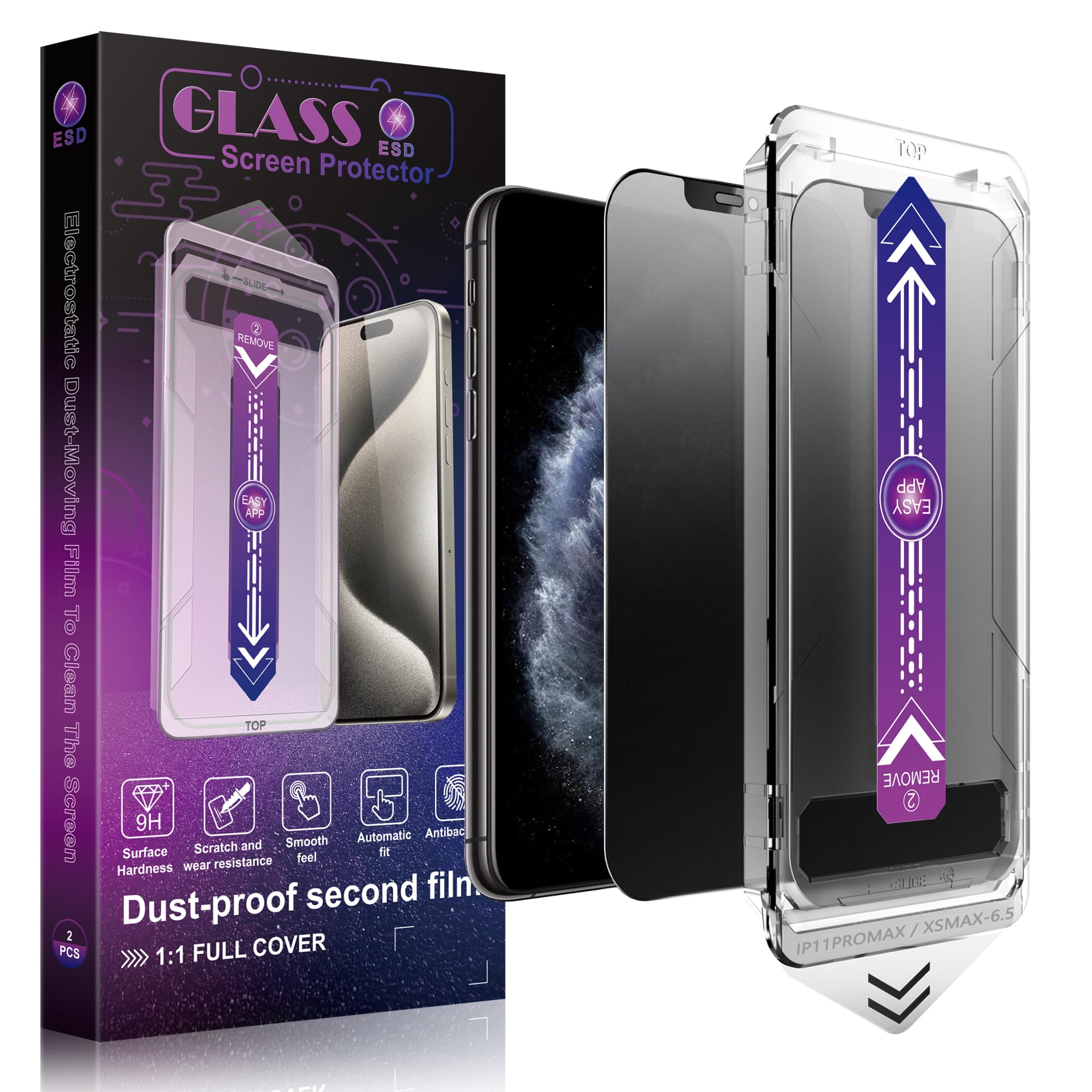 Paquete de 2 protectores de pantalla de privacidad mate para iPhone 11 Pro Max y iPhone XS MAX de 6.5 pulgadas, eliminación automática de polvo, sin burbujas, película de vidrio templado