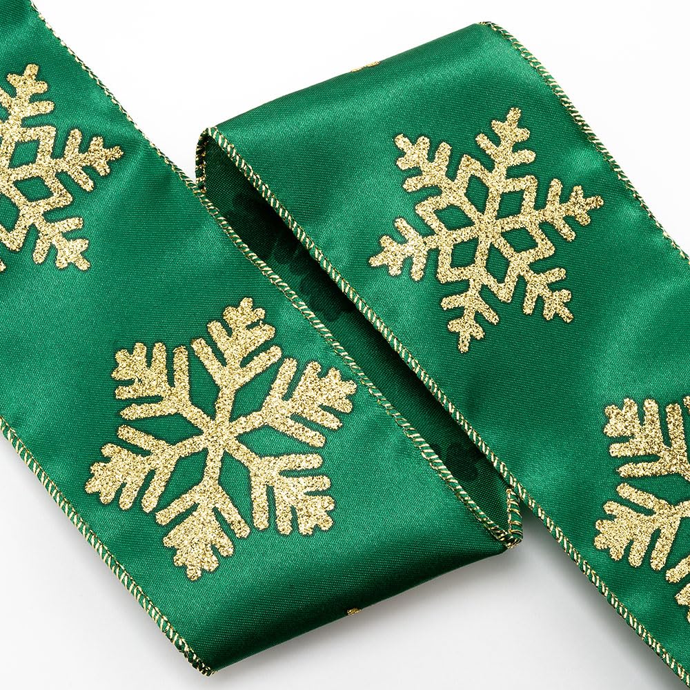 Italian Options Gold Glitter Snowflakes Green Satin Ribbon, Wide Wired Christmas Ribbon for Crafts Gift Wrapping Accessories