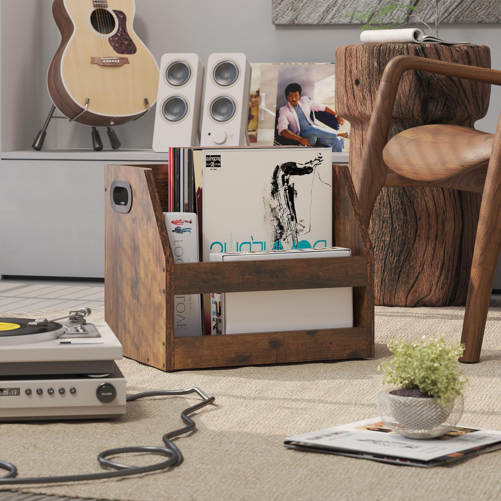YMYNY Supporto di Immagazzinaggio di Dischi in Legno, Scatola di Album in Vinile Con Maniglia, Scaffale del Desktop Organizer Record per Cartelle, Fotografici, Marrone Rustico, 38×29×29CM, HCD001H
