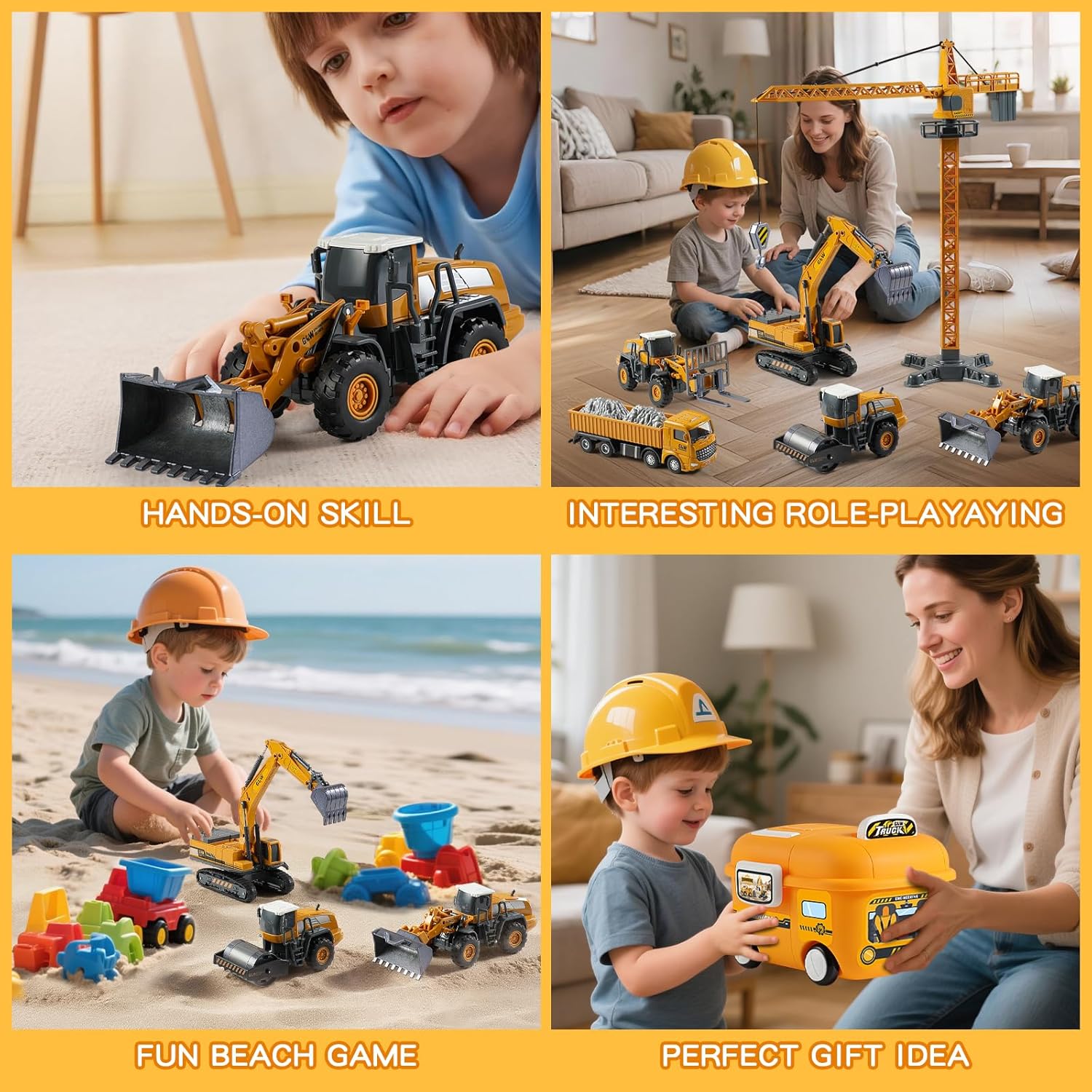 Construction Trucks Toy Set with Yellow Bus Storage and Play Mat – Alloy Inertia Driving Simulation Model Engineering Toys with Scenario Accessories – Ideal Gifts for Ages 3-8, Boys and Girls (8 in 1)