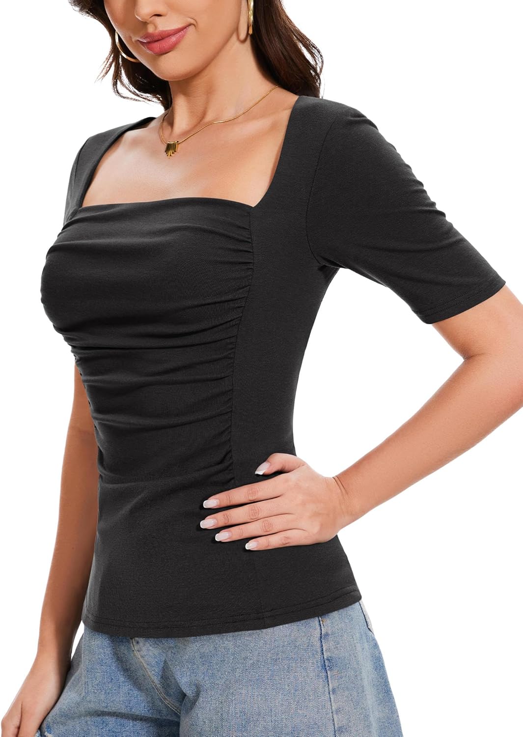 Amoretu Women's 2025 Ruched 1/2 Sleeve T-Shirts Square Neck Fitted Going Out Tops - Image 4