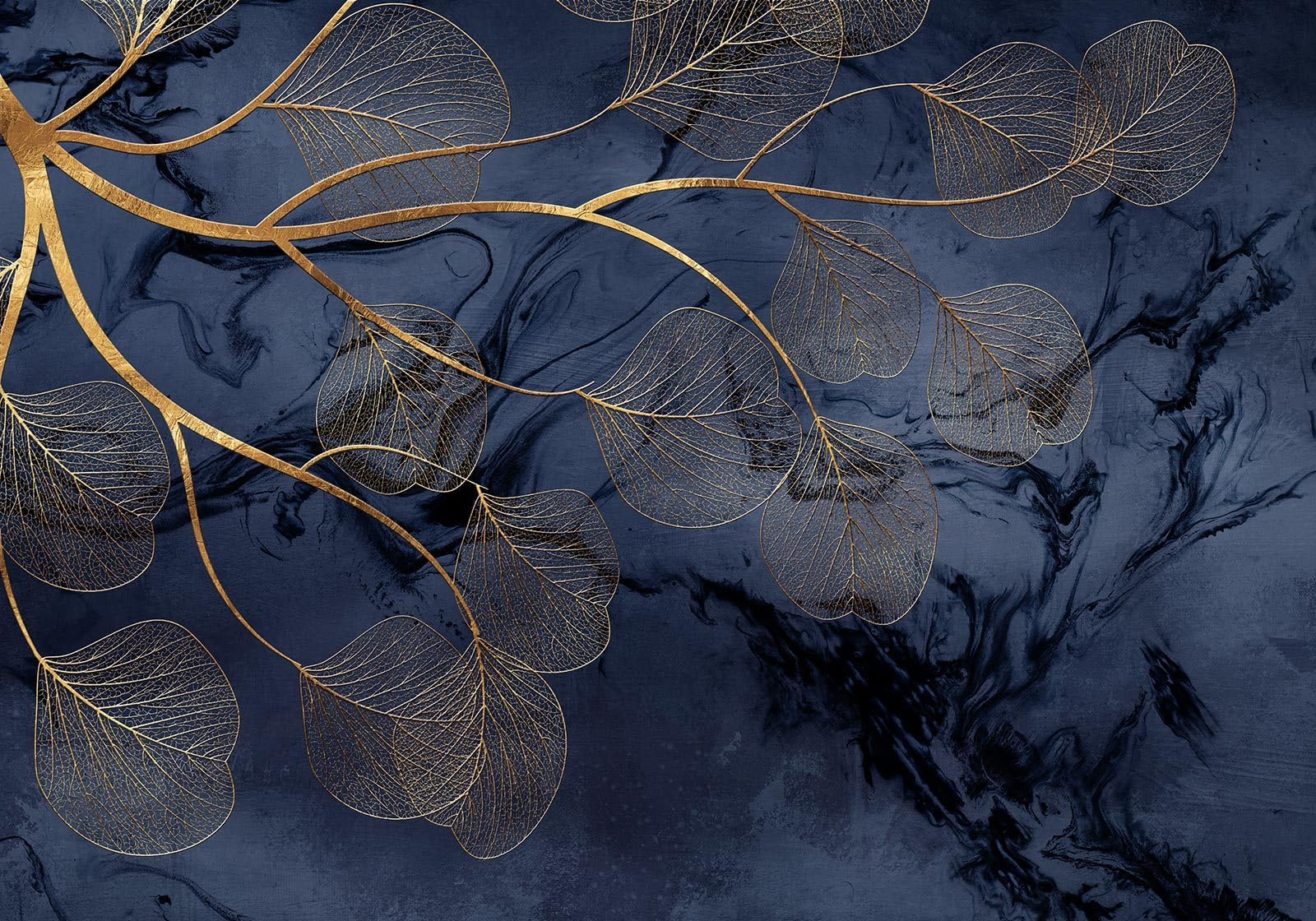 Gdkldfg Gold/Blue Leaves Zen Art Wallpaper,Non-Woven Poster,Wall Mural For Living Room Bedroom Feature Wall Decoration 300X240cm