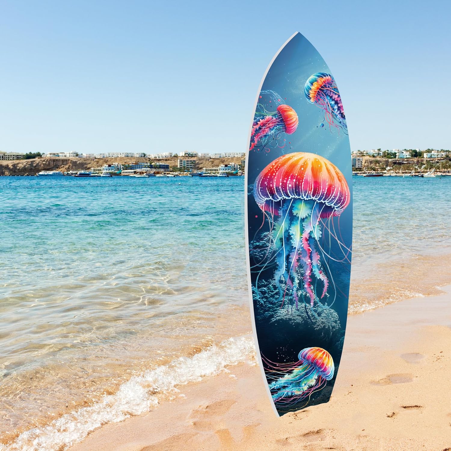 JennyGems Jellyfish Surfboard Wall Decor | Weatherproof PVC Ocean-Themed Wall Art for Indoor/Outdoor | Colorful Deep-Blue Jellyfish Design | Decorative Hanging Board Not a Real Surfboard | 5 Foot