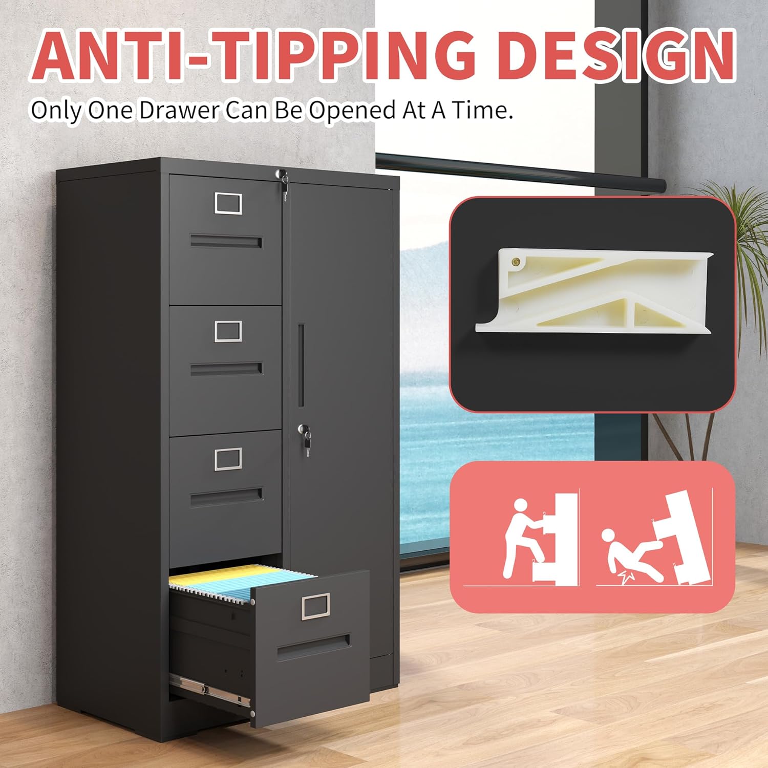 4 Drawer Metal File Cabinet with 1 Door,Steel Storage Locker Cabinets for Employees,Home Office Black Filing Cabinets for Legal/Letter Size Files,Assembly Required