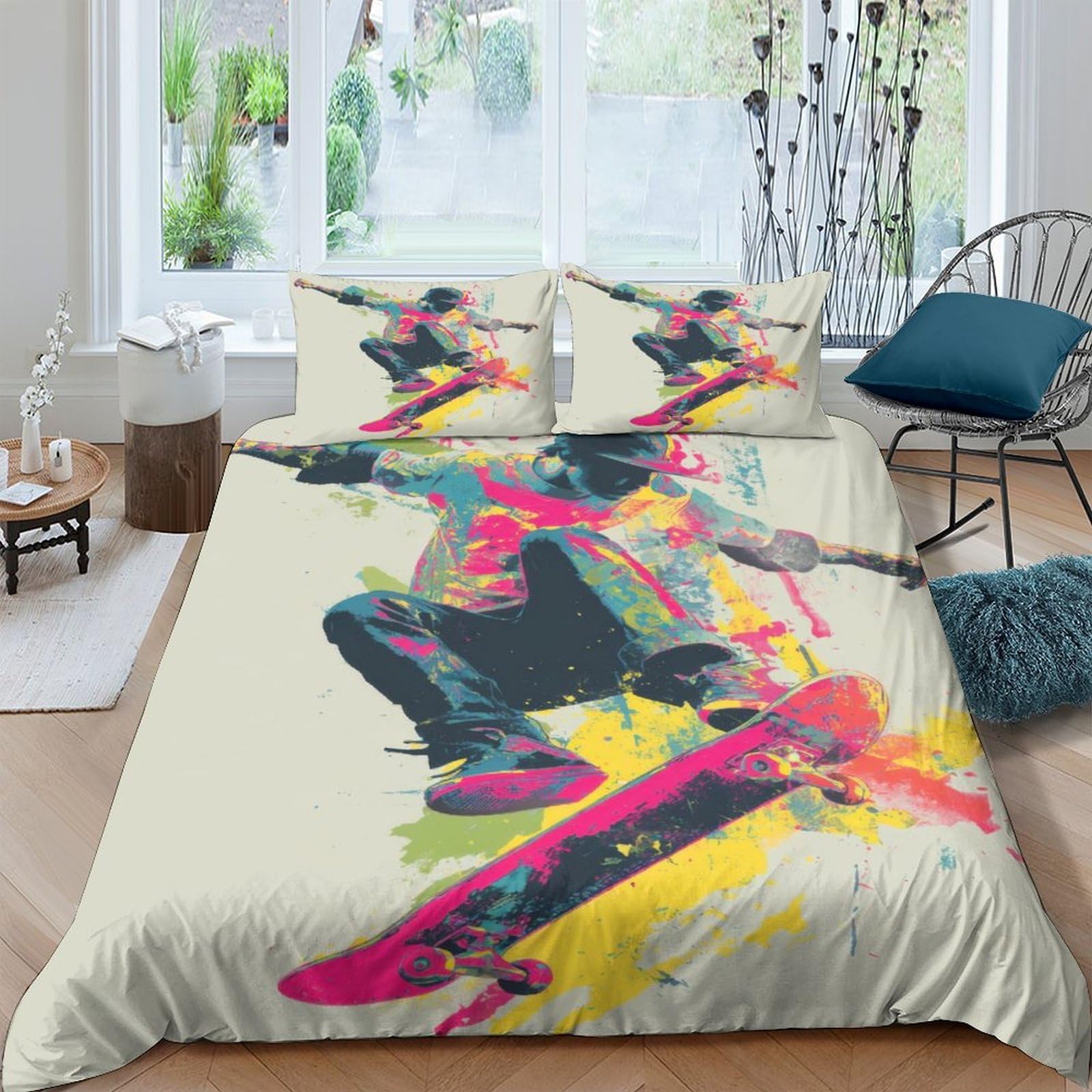 Ctjqhvkz Style-6 3D Printed Colorful Skateboard Fitted Sheet Microfiber Breathable Graffiti Mattress Cover For Bedroom Decor Single（135X200cm）