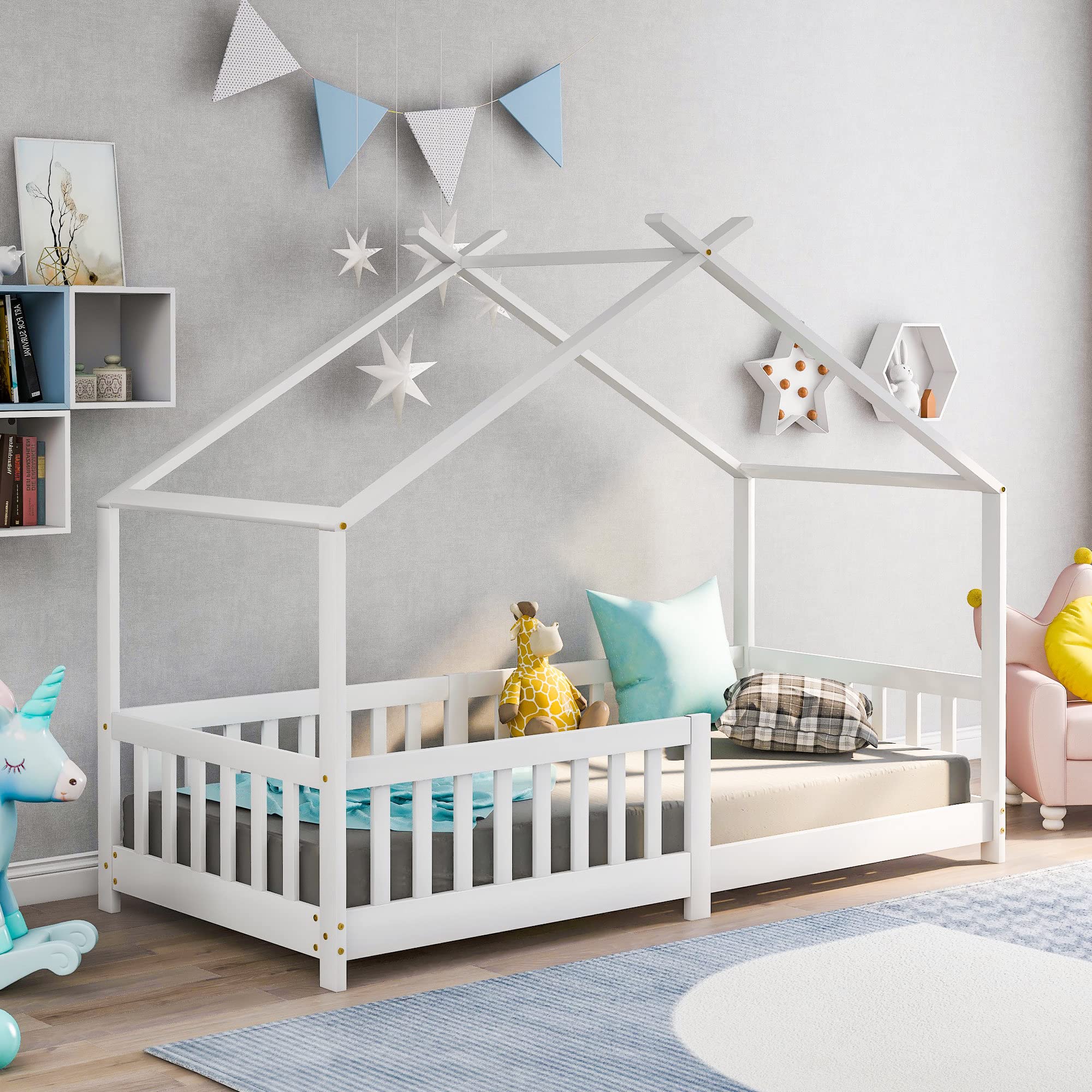 Moimhear Bellissimo letto per bambini, 200 x 90 cm, in legno massiccio con recinzione