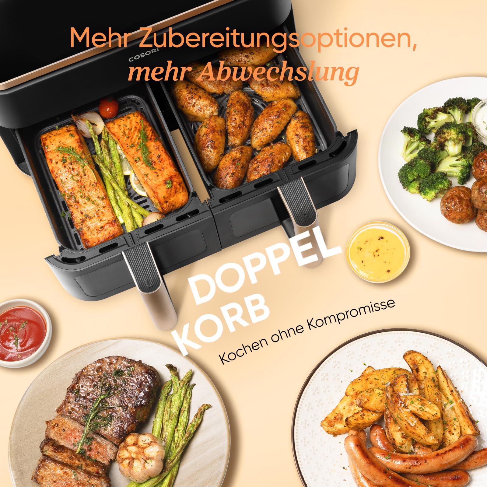 Cosori Heißluftfritteuse 8,5L 2 Kammern mit Sichtfenster NTC-Tech Gold R903