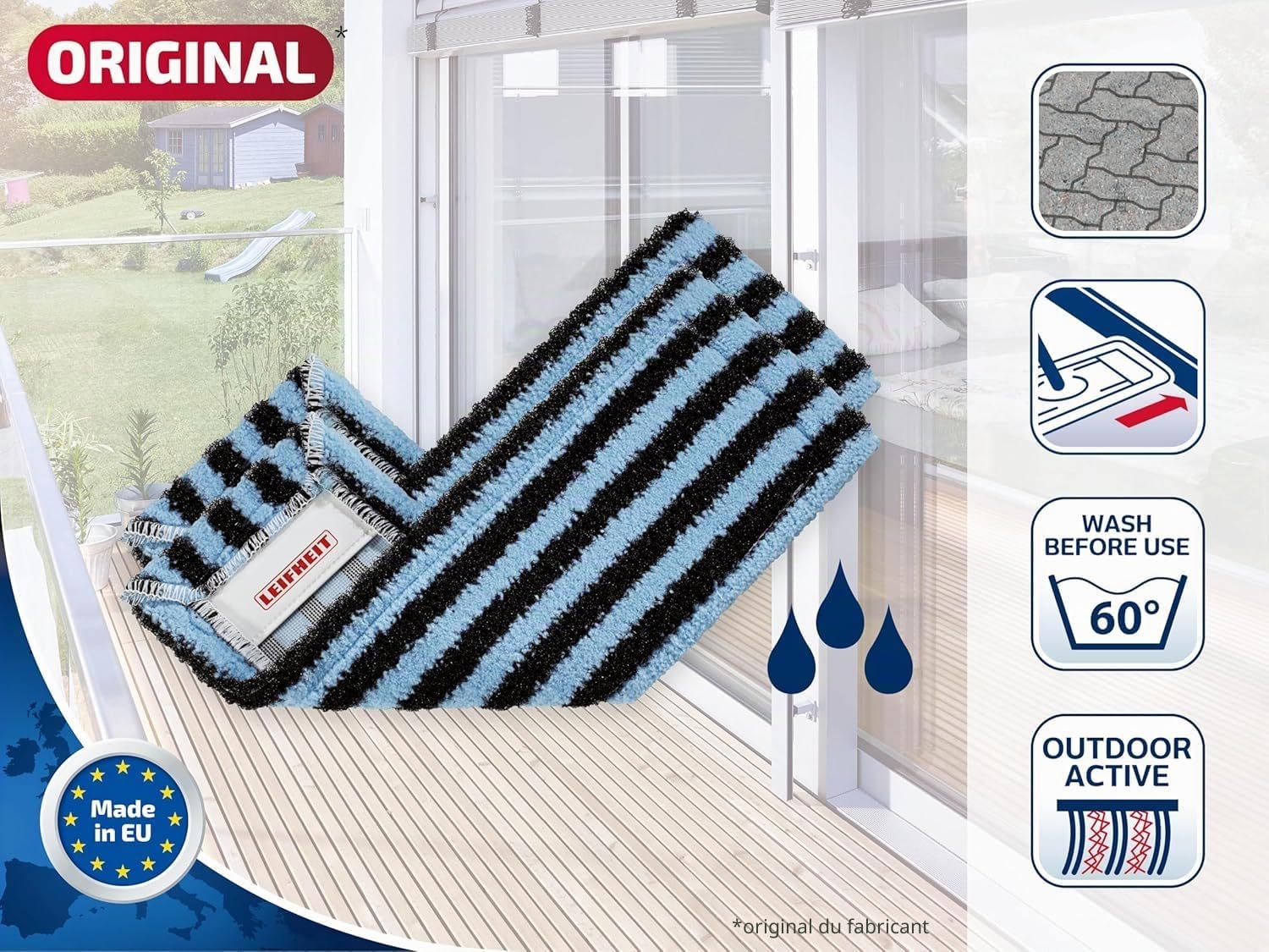 Leifheit Lot de 2 Housses Profi XL Outdoor Active, Housse de Rechange Microfibres à Double Fibre spéciale pour Balai à Plat Profi XL, pour décrocher et Absorber la saleté des sols extérieurs