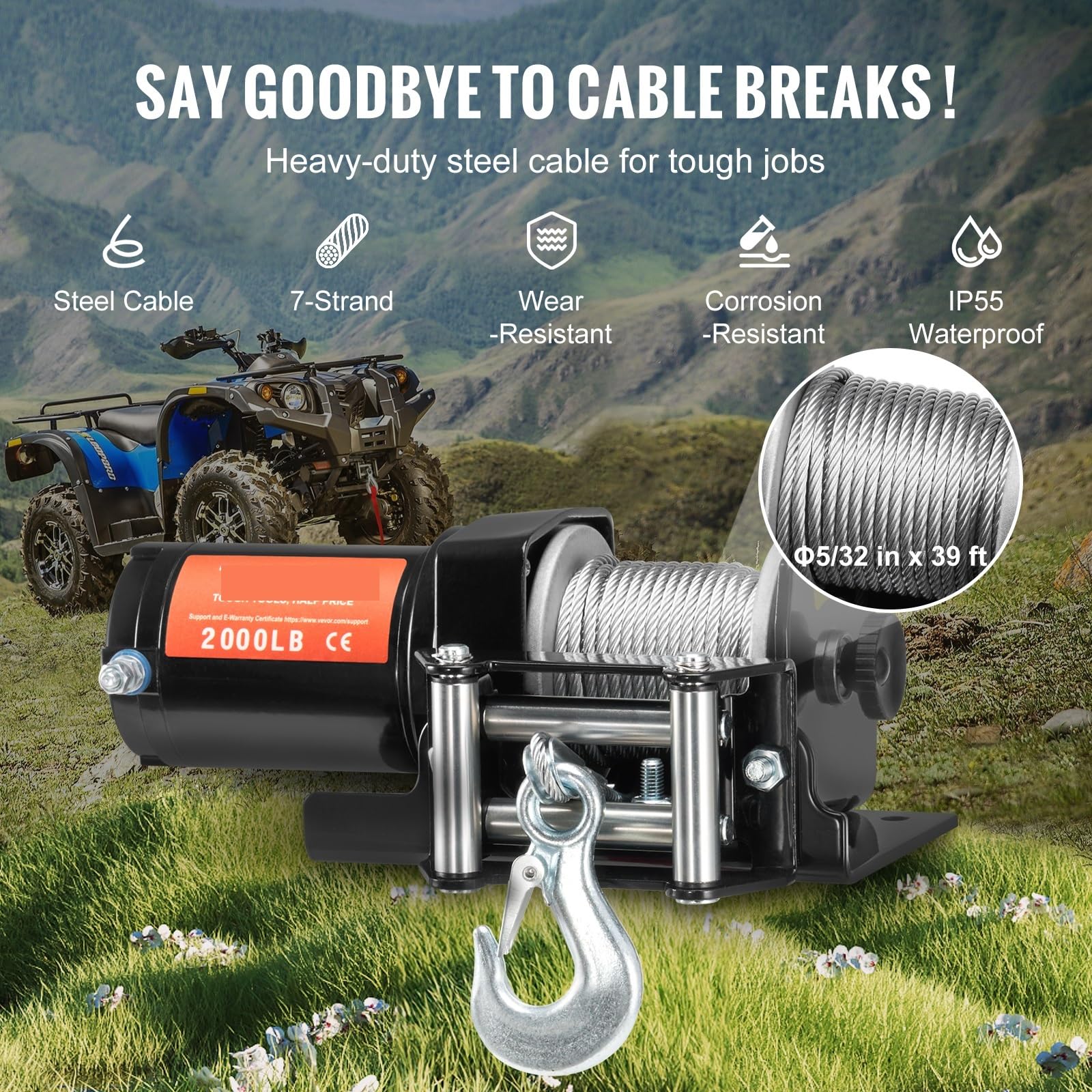 Paranco Elettrico Cavo in acciaio ATV/UTV per verricello elettrico da 2000 libbre con telecomando cablato per il traino di camion fuoristrada
