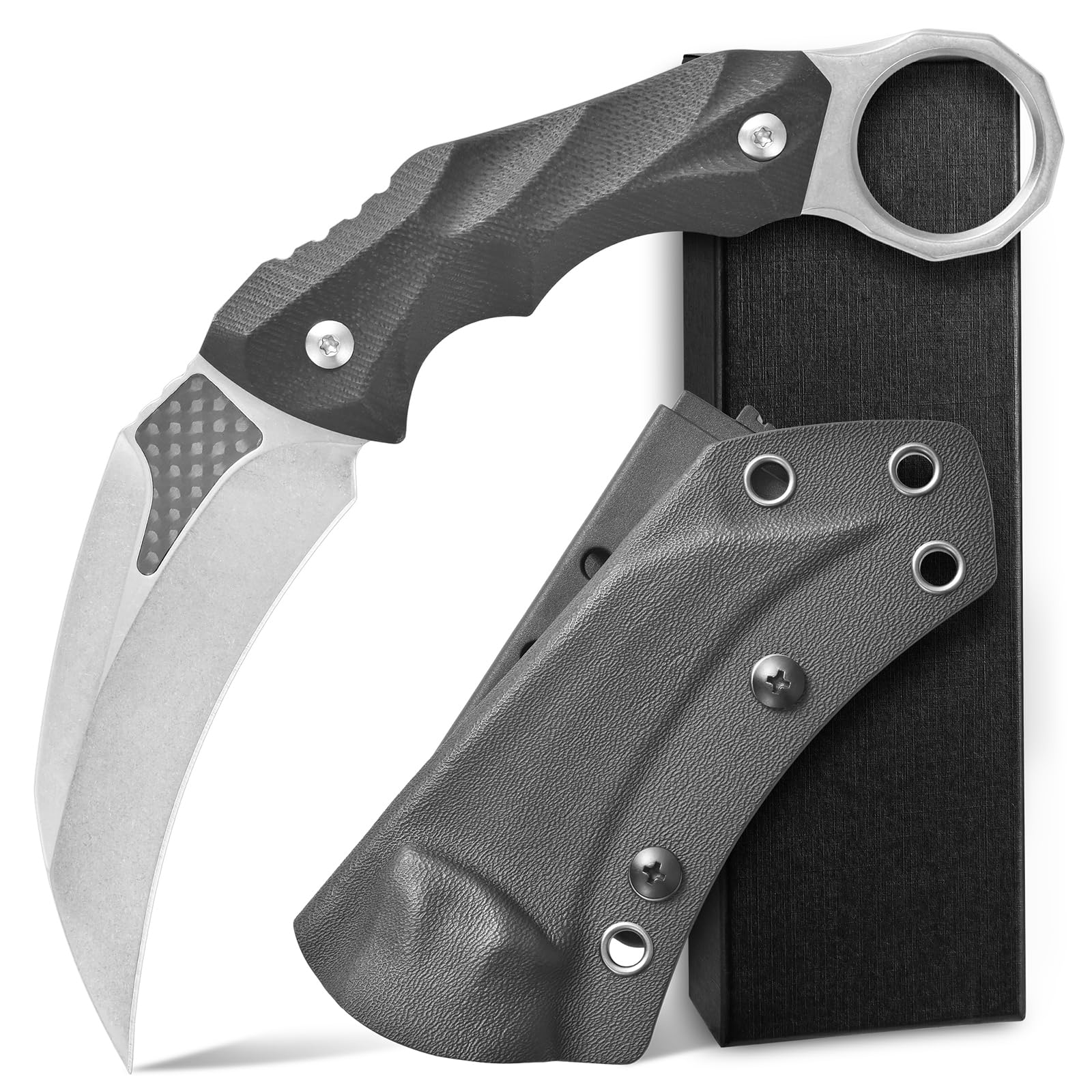 Ccanku C1692 Carbon Fiber Fixed Blade Knife,D2 Steel G10 Handle 4 Inches Camping EDC Tools Survival Claw Teeth Knife with Kydex Sheaths(Silver) … …