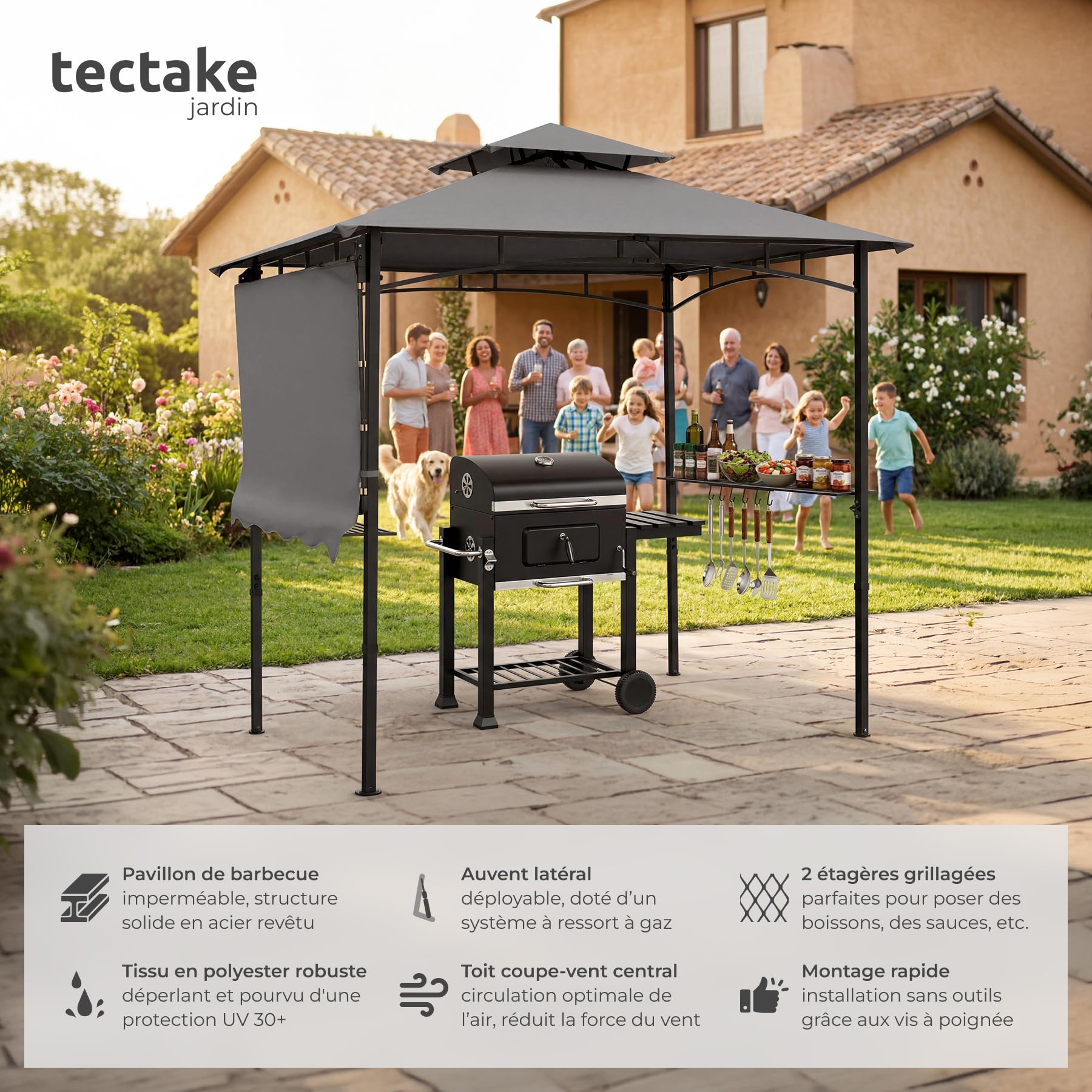 tectake® Abri de Jardin pour Barbecue Charbon, Barbecue Electrique, Plancha, Cuisine exterieure, 316x150x250 cm, Abri Barbecue Toile étanche, Protection UV, Double toiture, Résistant aux intempéries